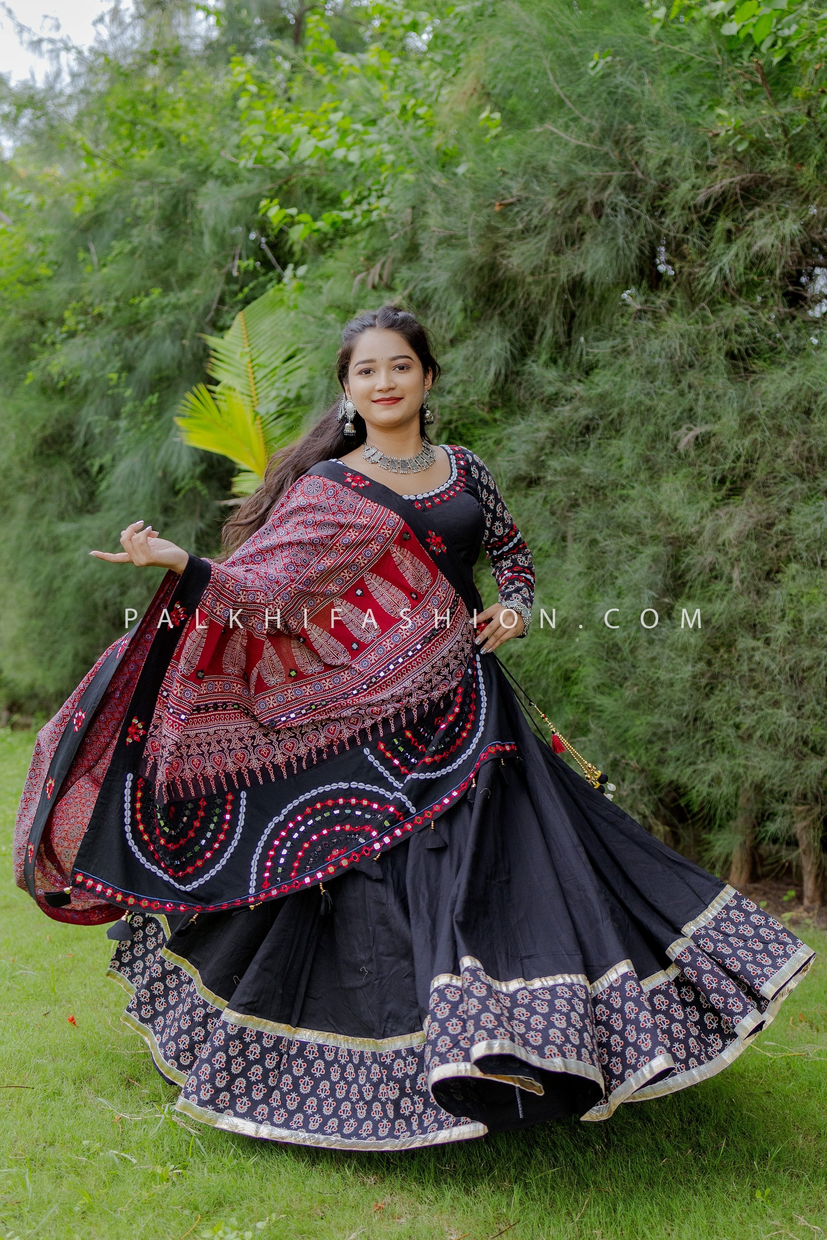 Ethnic Black Chaniya Choli Set with Ajarakh & Mirrorwork – Palkhi Fashion