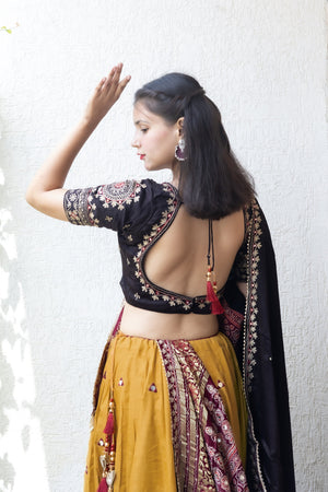 Ethnic Elegance: Mustard/Black Navratri Chaniya Choli with Gaji Silk Dupatta – Palkhi Fashion