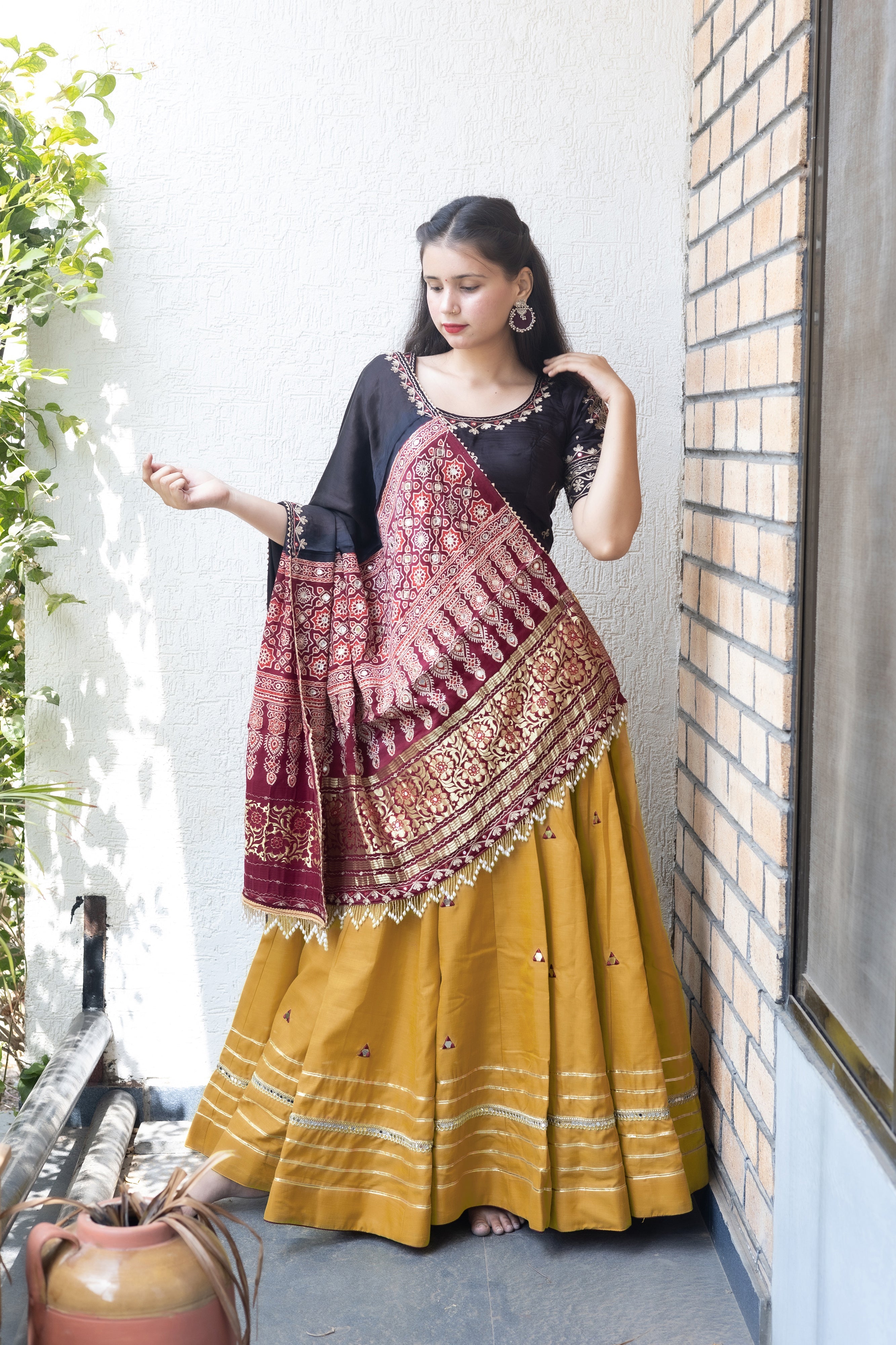 Ethnic Elegance: Mustard/Black Navratri Chaniya Choli with Gaji Silk Dupatta – Palkhi Fashion