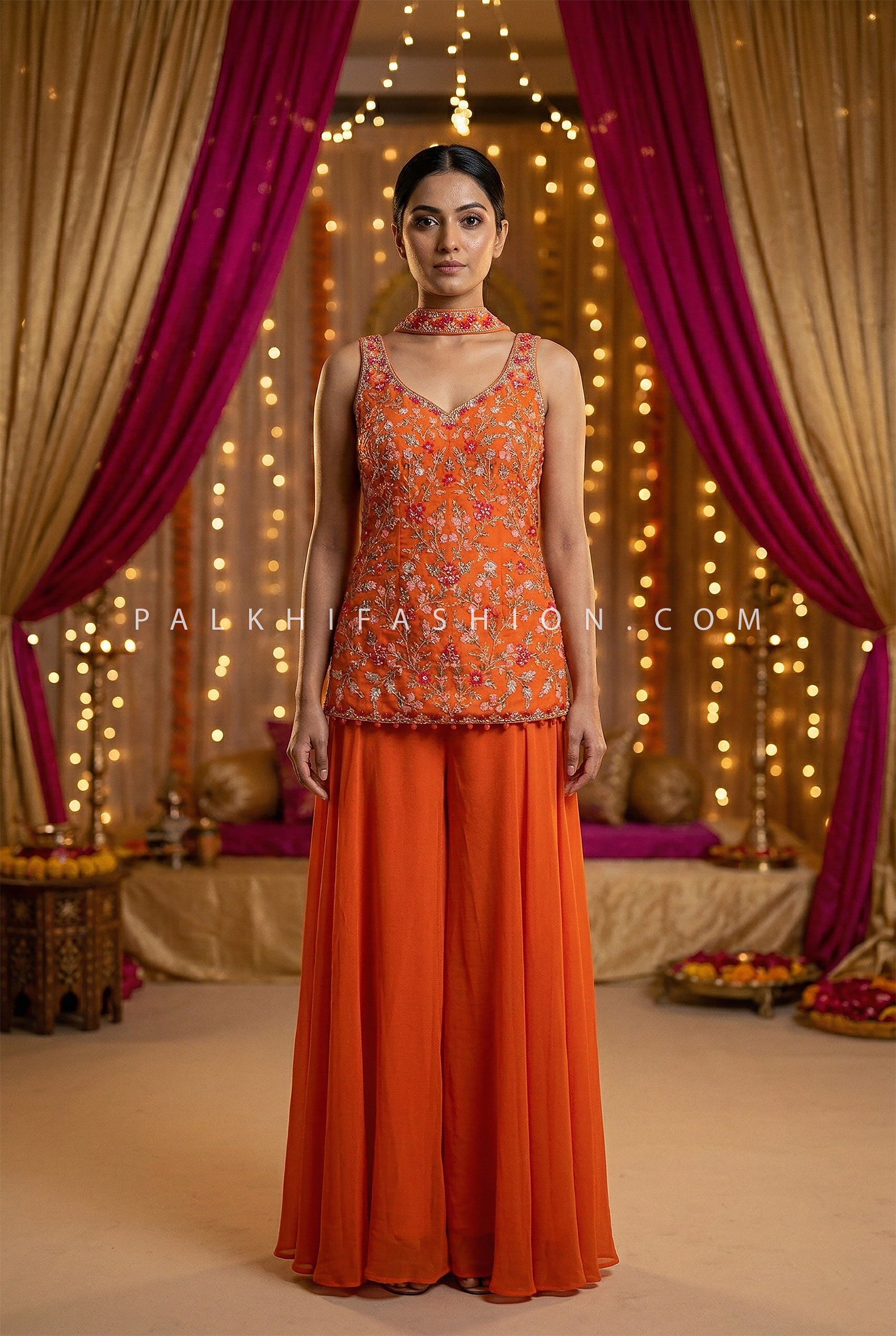 Festive Bloom Edit - Orange Floral Embroidered Palazzo Suit – Palkhi Fashion