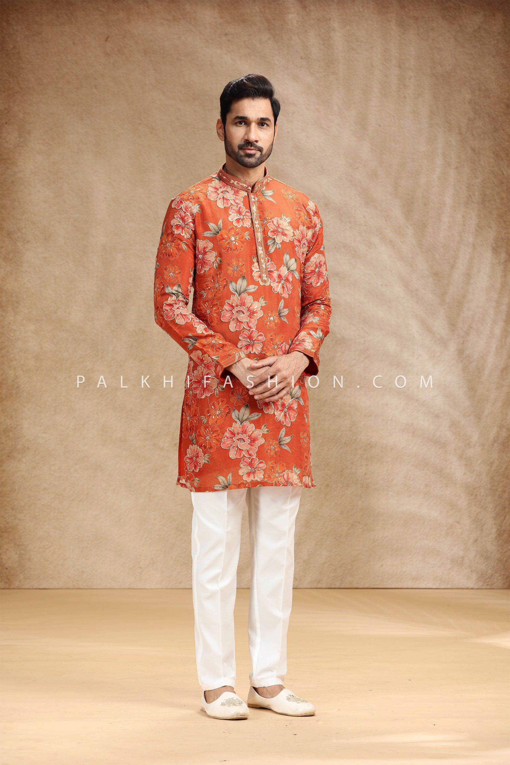 Festive Bloom Rust Orange Floral Designer Kurta Set | Palkhi Fashion Houston