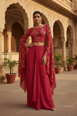 Festive Edit: Rani Pink Indo - Western Tulip Skirt Outfit with Embroidery – Palkhi Fashion