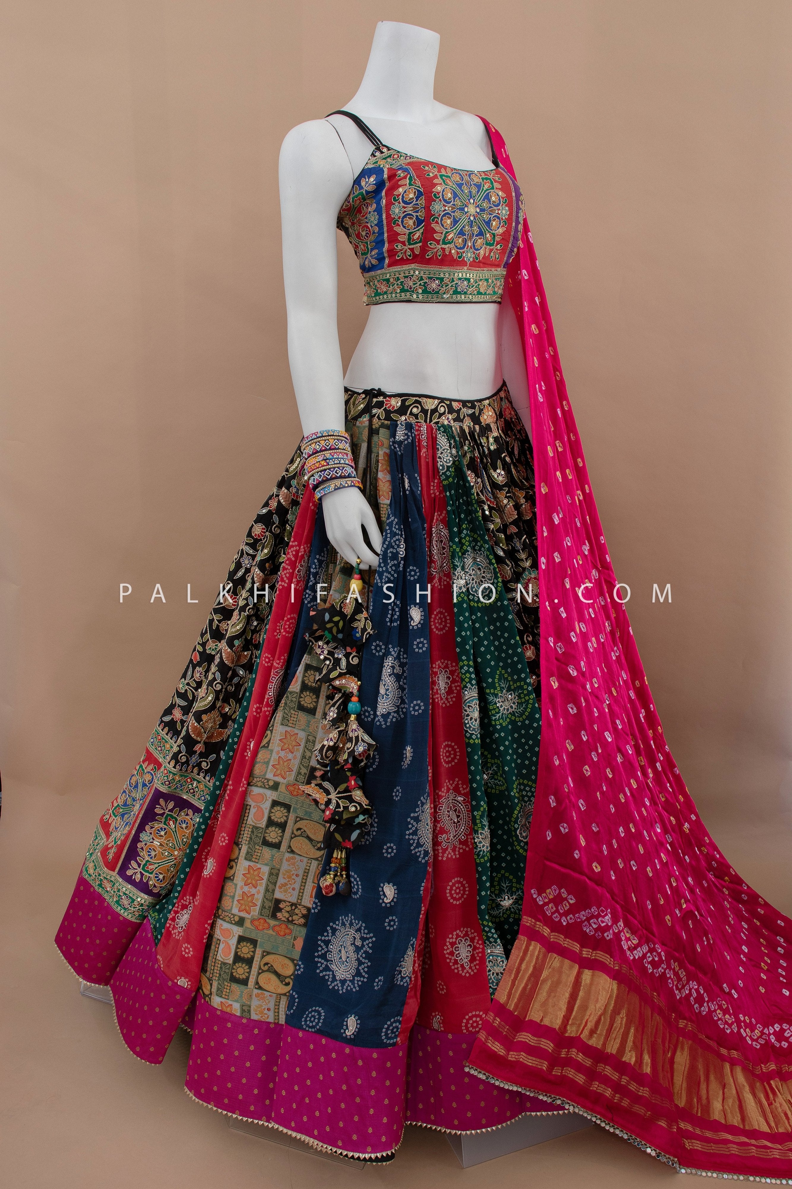 Festive Flair: Multicolor Chaniya Choli with Spaghetti Blouse & Gaji Silk Dupatta – Palkhi Fashion