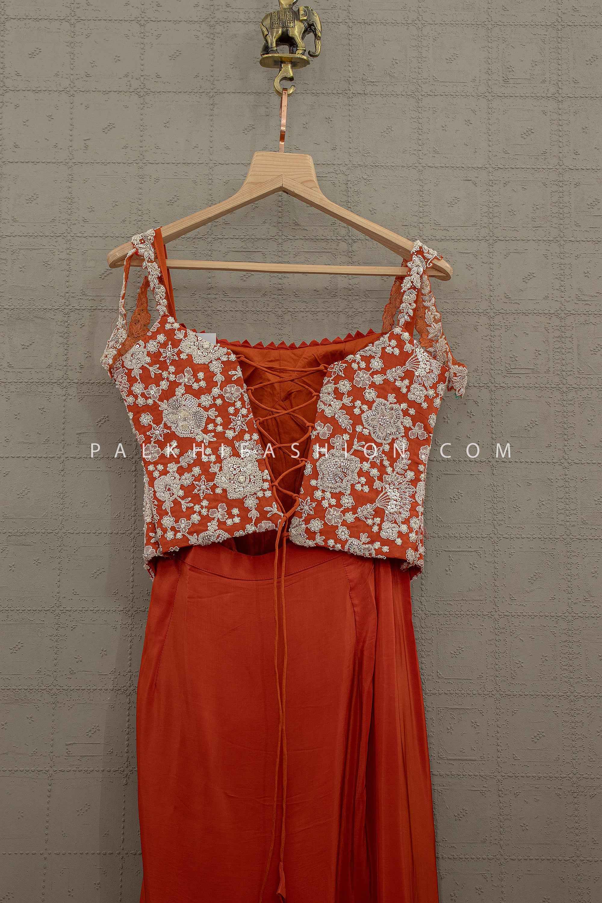 Festive Glam Ensemble – Rust Orange Hand Embellished Tulip Skirt Set – Palkhi Fashion