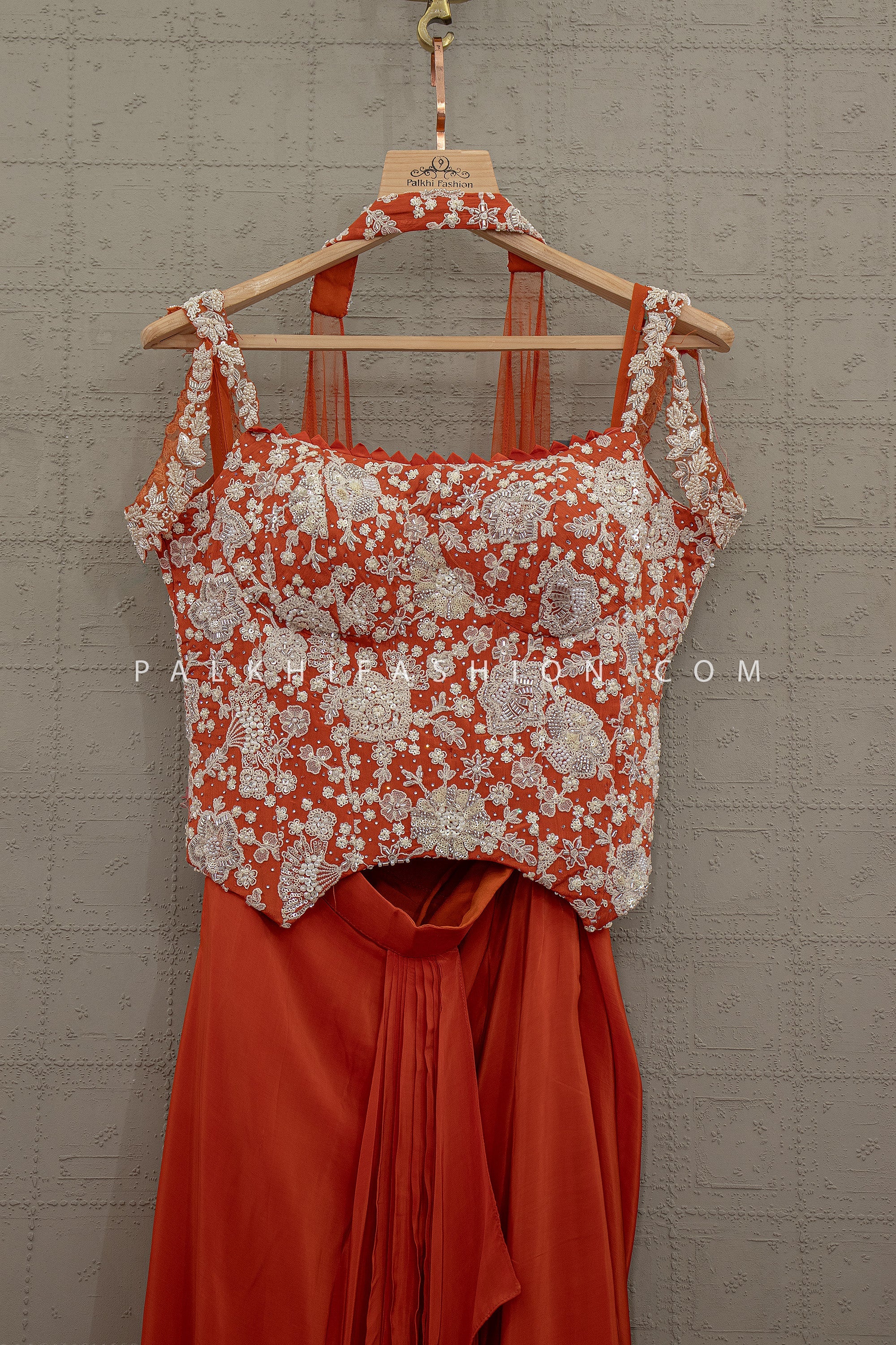 Festive Glam Ensemble – Rust Orange Hand Embellished Tulip Skirt Set – Palkhi Fashion