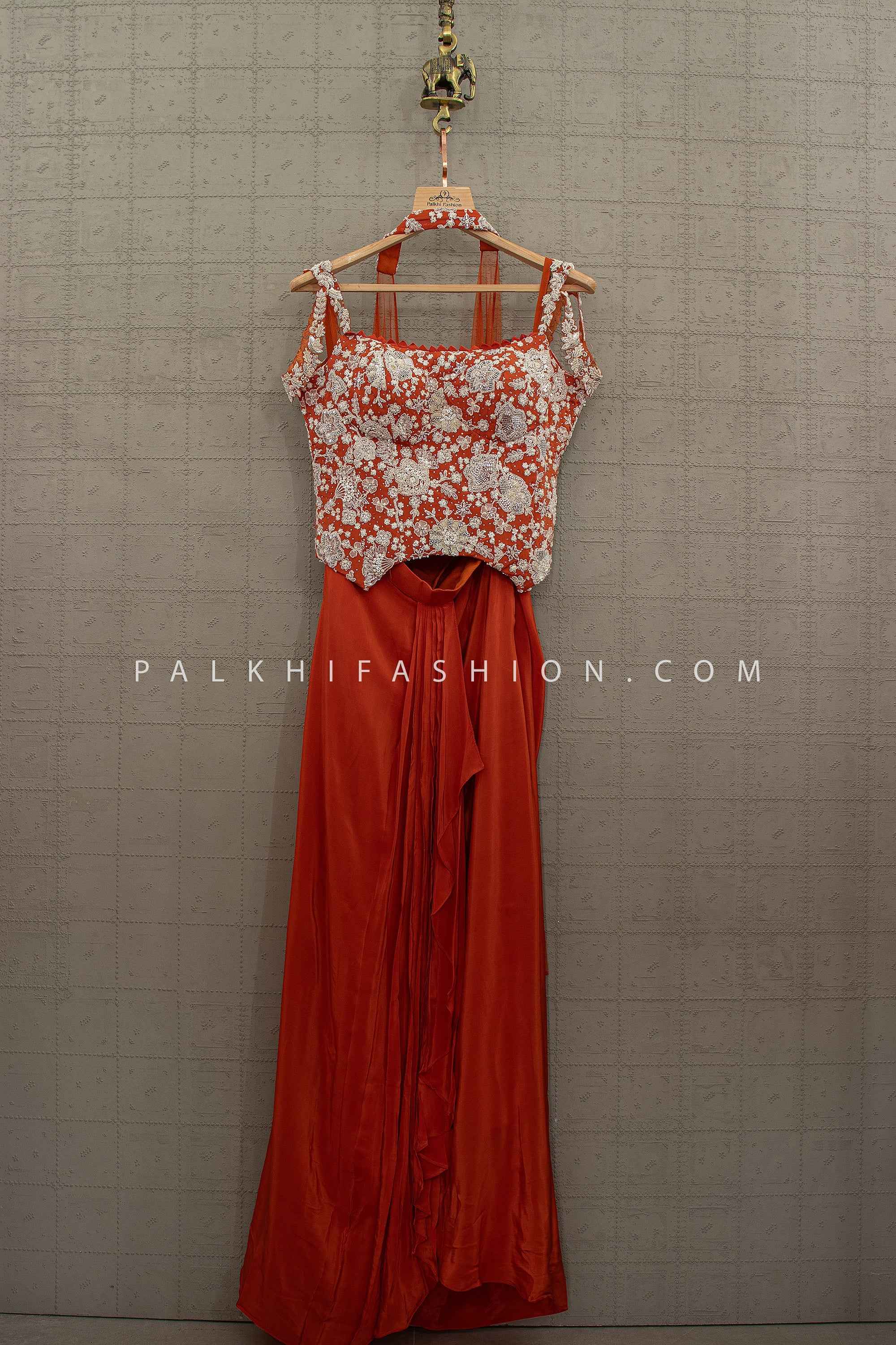 Festive Glam Ensemble – Rust Orange Hand Embellished Tulip Skirt Set – Palkhi Fashion
