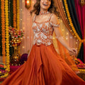Festive Glam Ensemble – Rust Orange Hand Embellished Tulip Skirt Set – Palkhi Fashion
