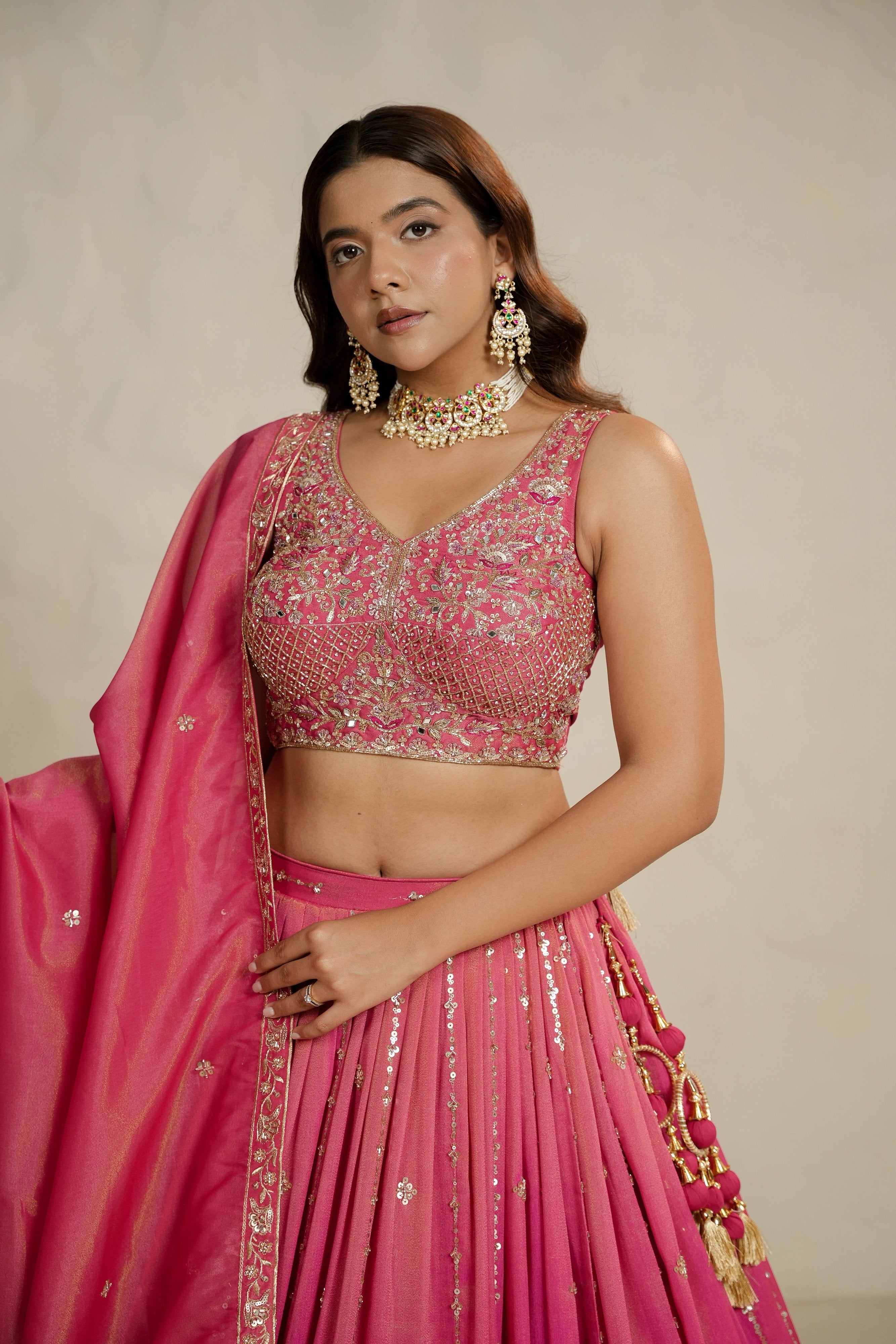 Festive Glow: Coral Soft Silk Lehenga Choli with Bead & Handwork – Palkhi Fashion
