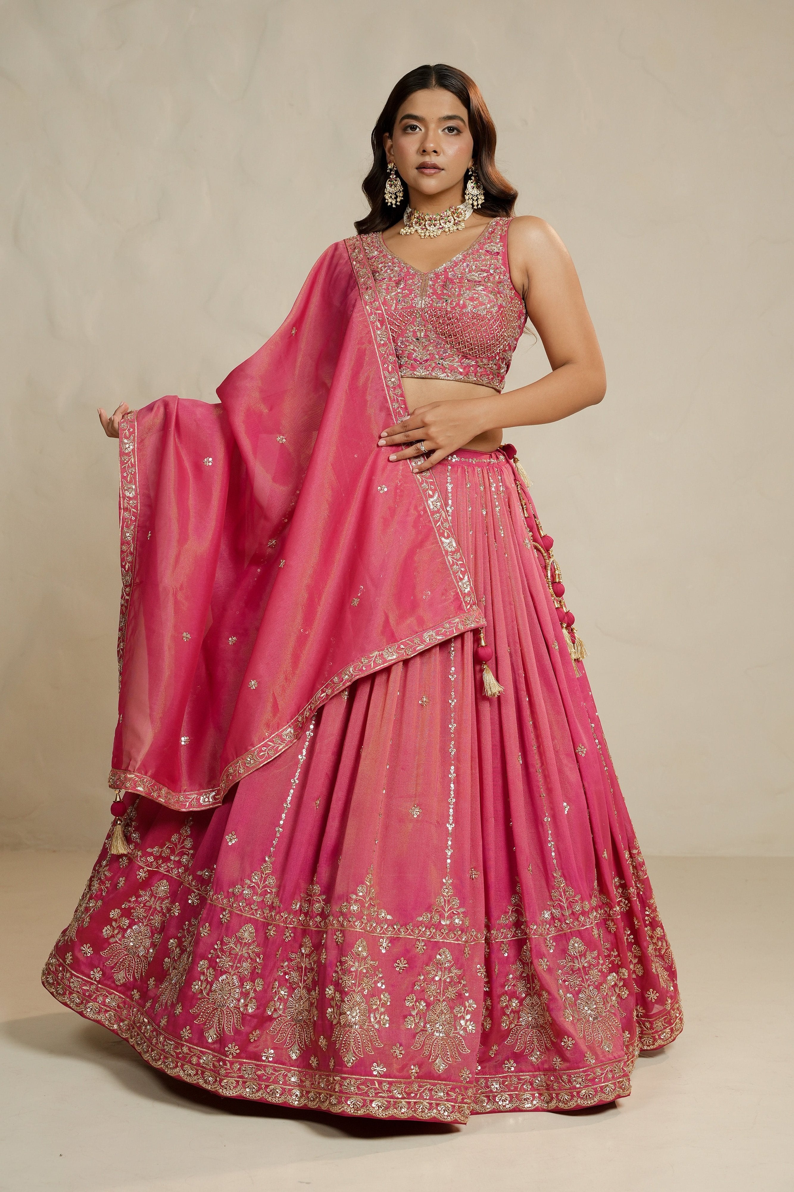 Festive Glow: Coral Soft Silk Lehenga Choli with Bead & Handwork – Palkhi Fashion