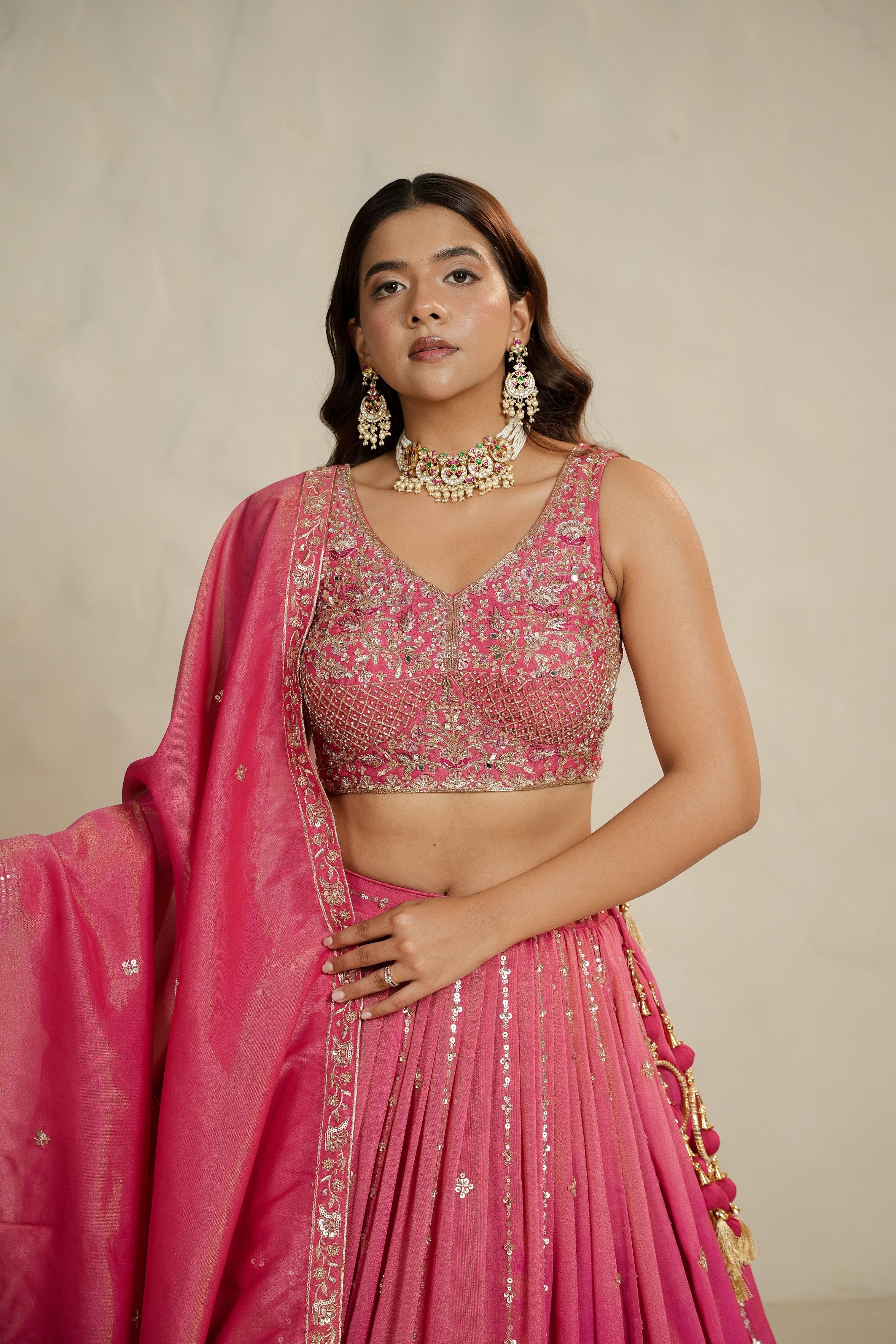 Festive Glow: Coral Soft Silk Lehenga Choli with Bead & Handwork – Palkhi Fashion
