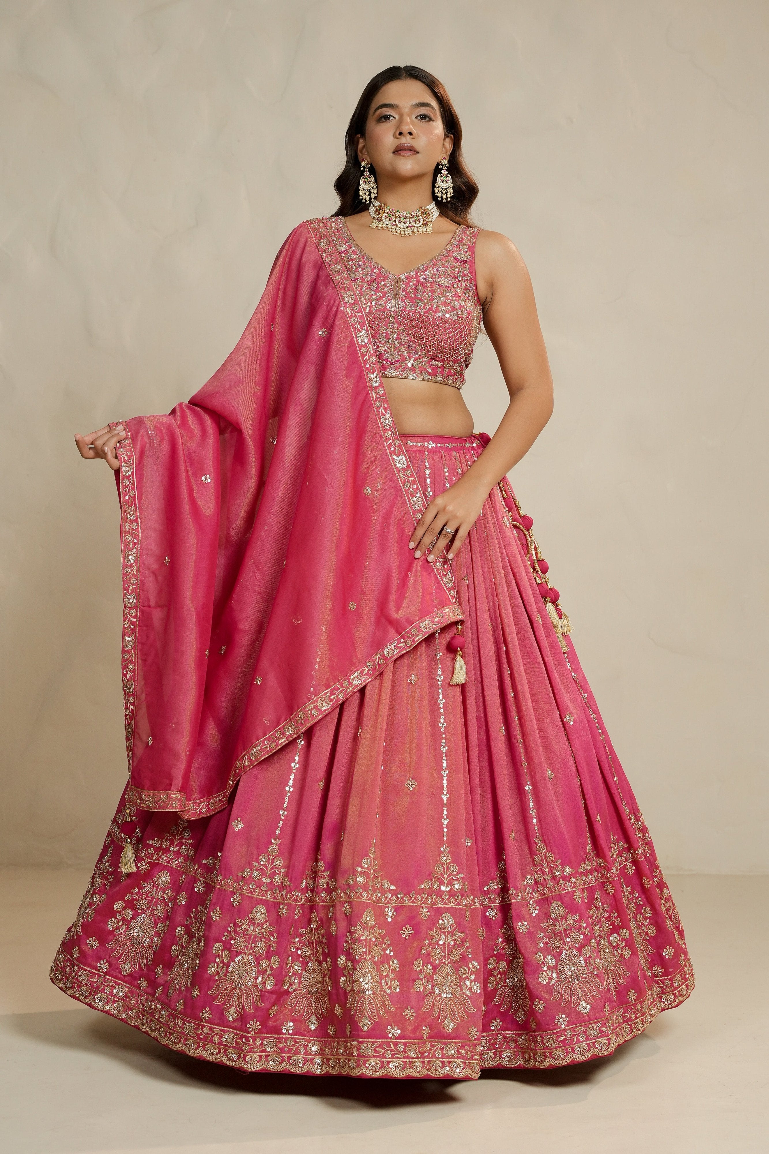 Festive Glow: Coral Soft Silk Lehenga Choli with Bead & Handwork – Palkhi Fashion