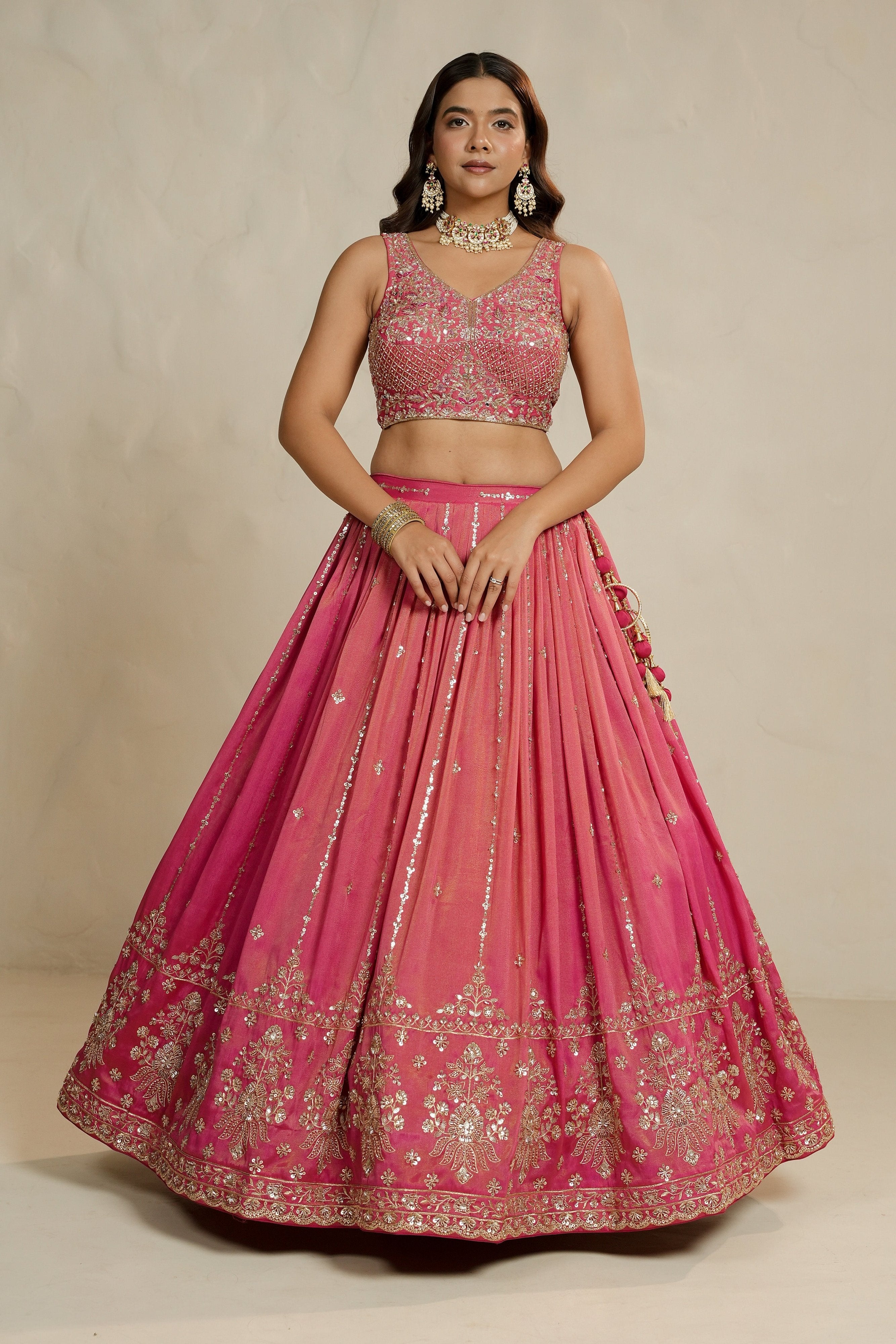Festive Glow: Coral Soft Silk Lehenga Choli with Bead & Handwork – Palkhi Fashion
