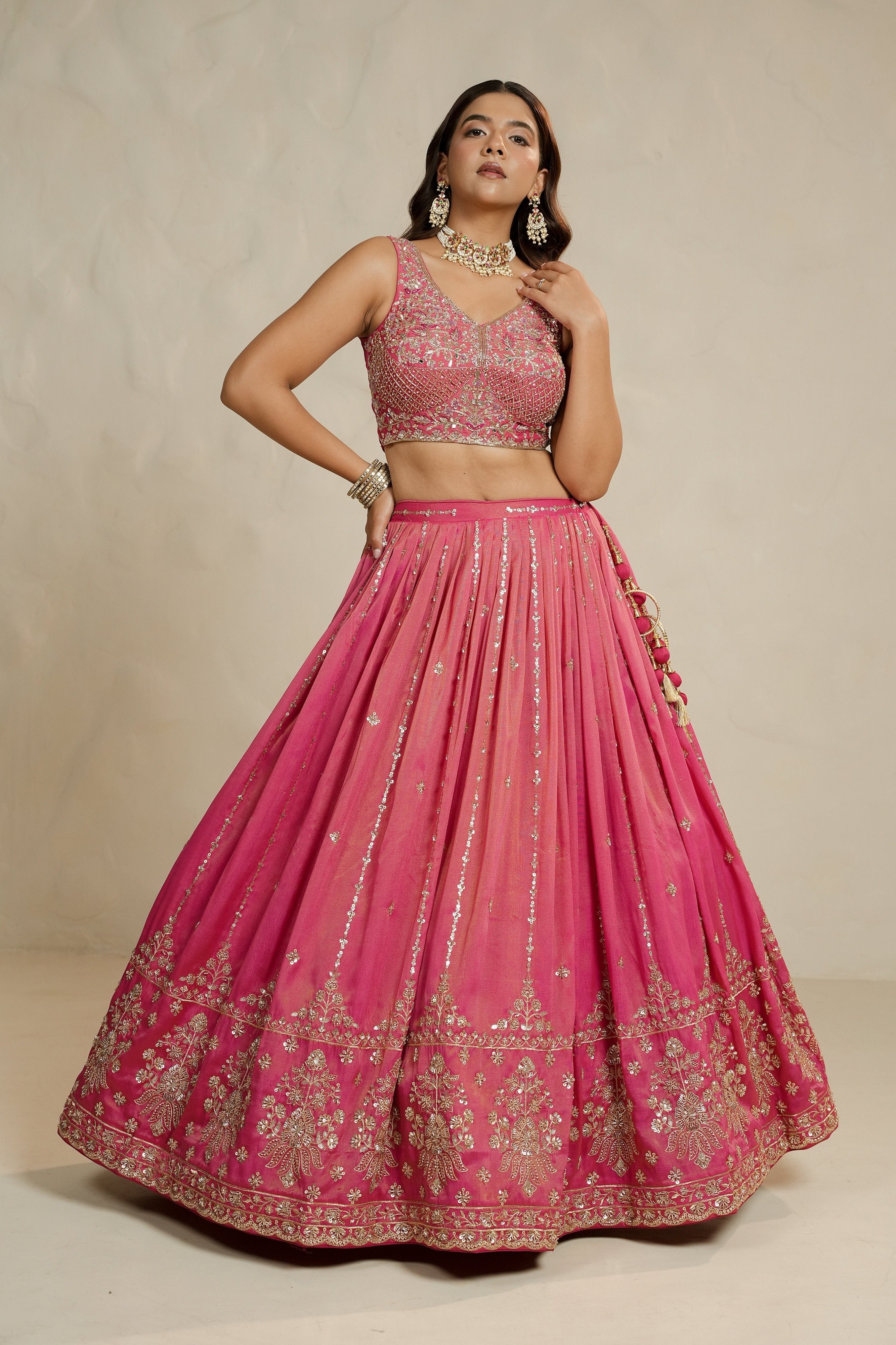 Festive Glow: Coral Soft Silk Lehenga Choli with Bead & Handwork – Palkhi Fashion