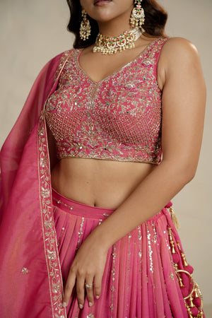 Festive Glow: Coral Soft Silk Lehenga Choli with Bead & Handwork – Palkhi Fashion