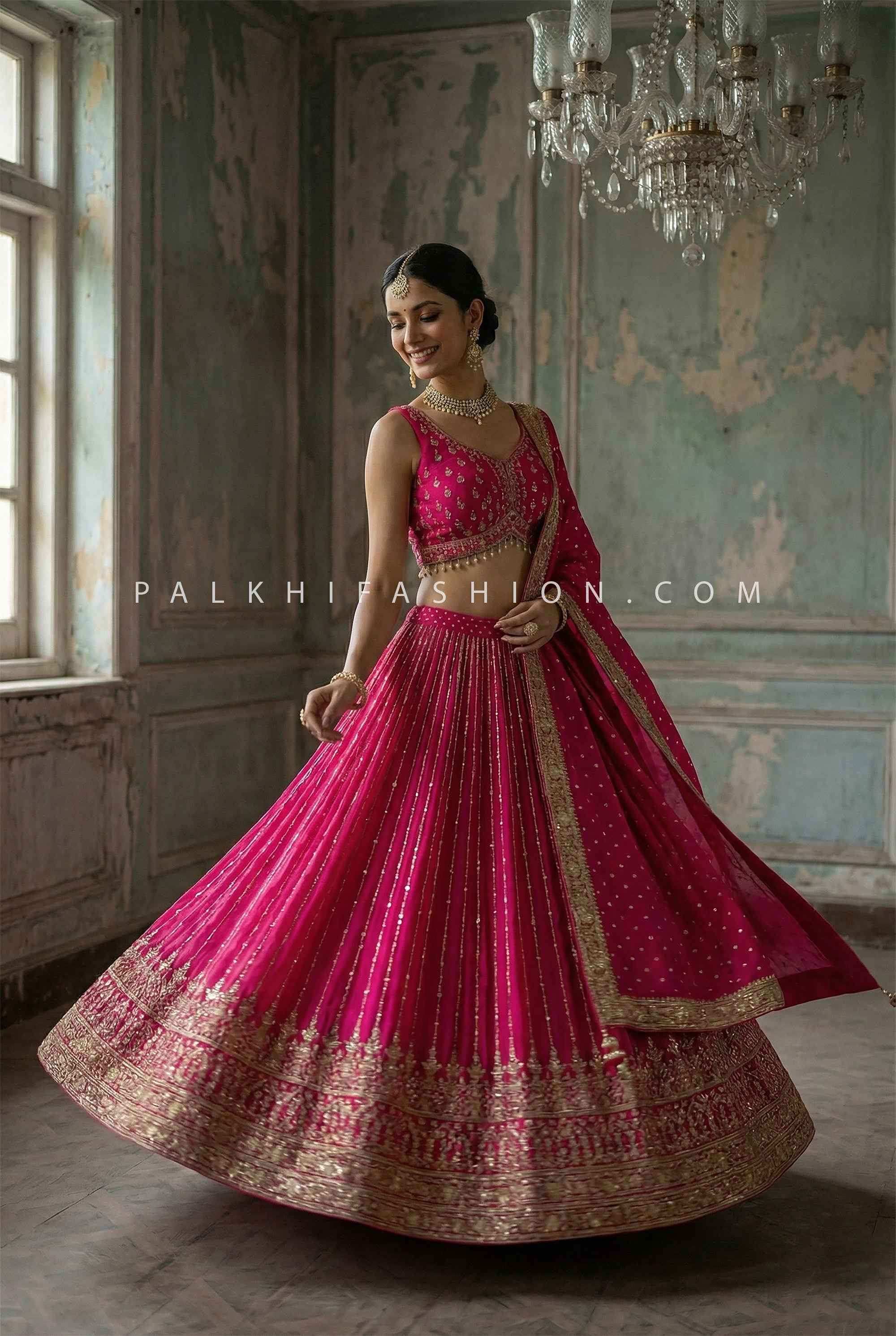 Festive Royal Glow - Fuchsia Silk Lehenga with Kundan & Handwork – Palkhi Fashion