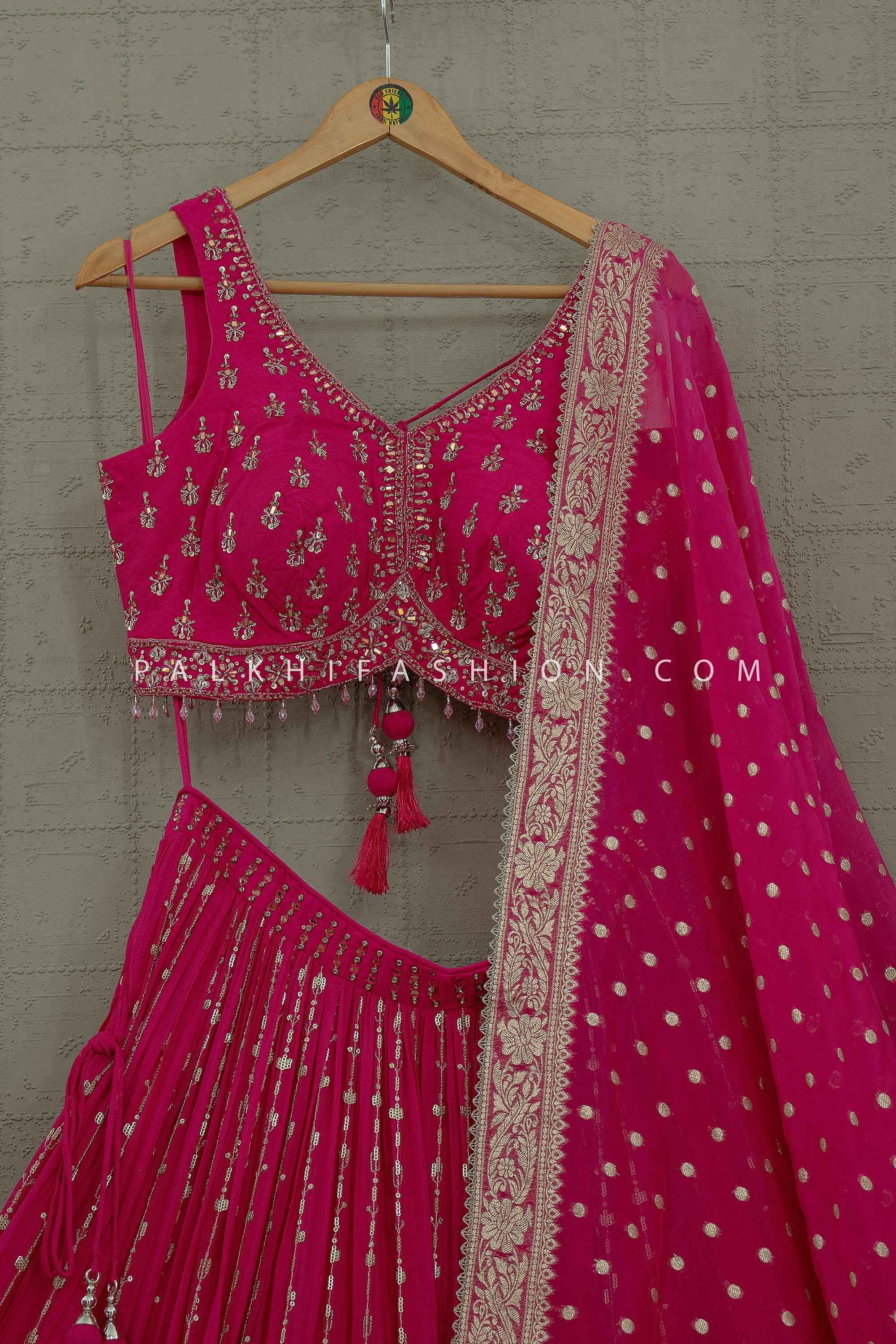 Festive Royal Glow - Fuchsia Silk Lehenga with Kundan & Handwork – Palkhi Fashion