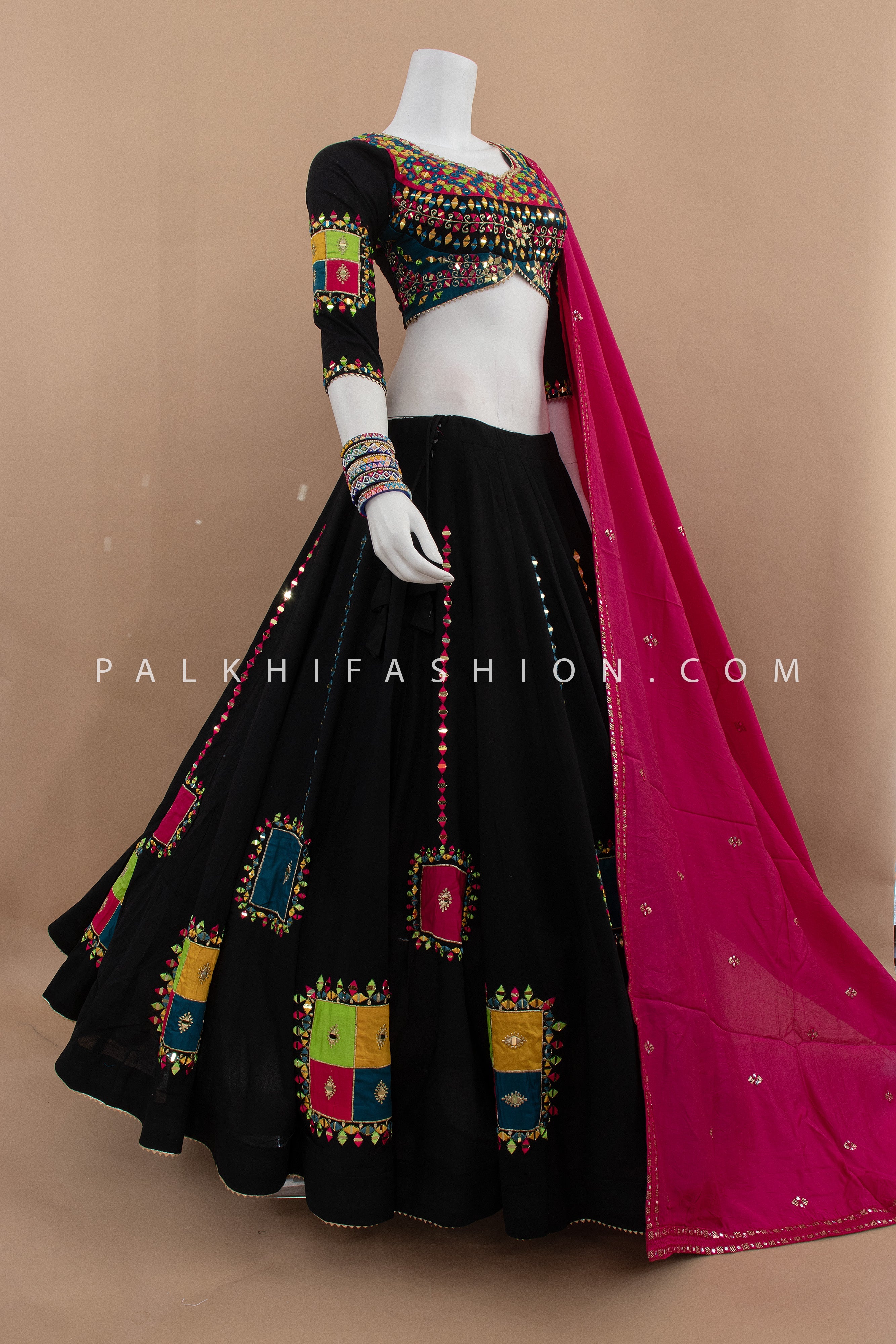 🖤 Festive Splendor: Bold Black Navratri Chaniya Choli with Multicolor Mirror Work – Palkhi Fashion