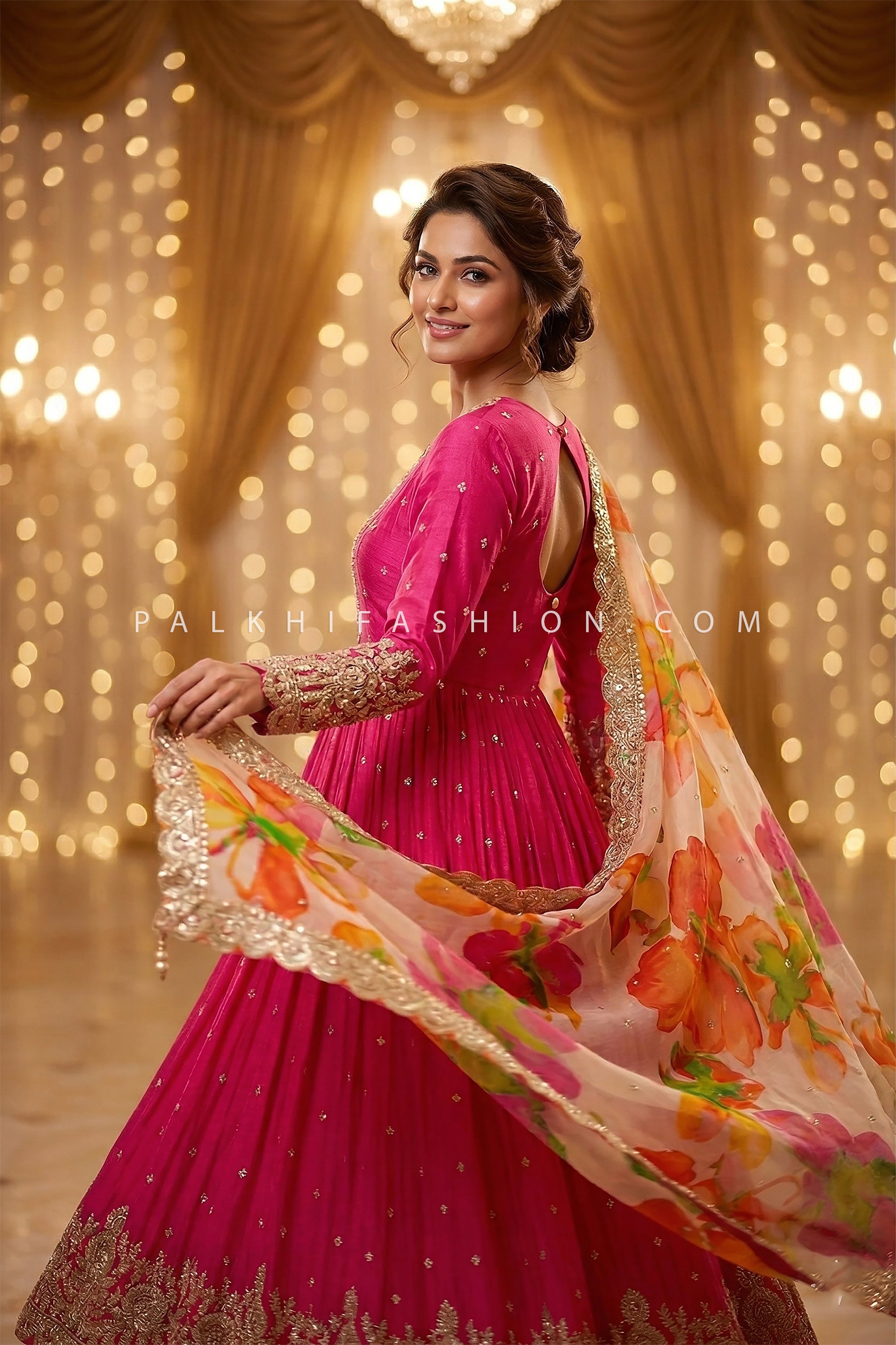 Floral Festive Glow – Rani Pink Pure Georgette Handwork Anarkali Set – Palkhi Fashion