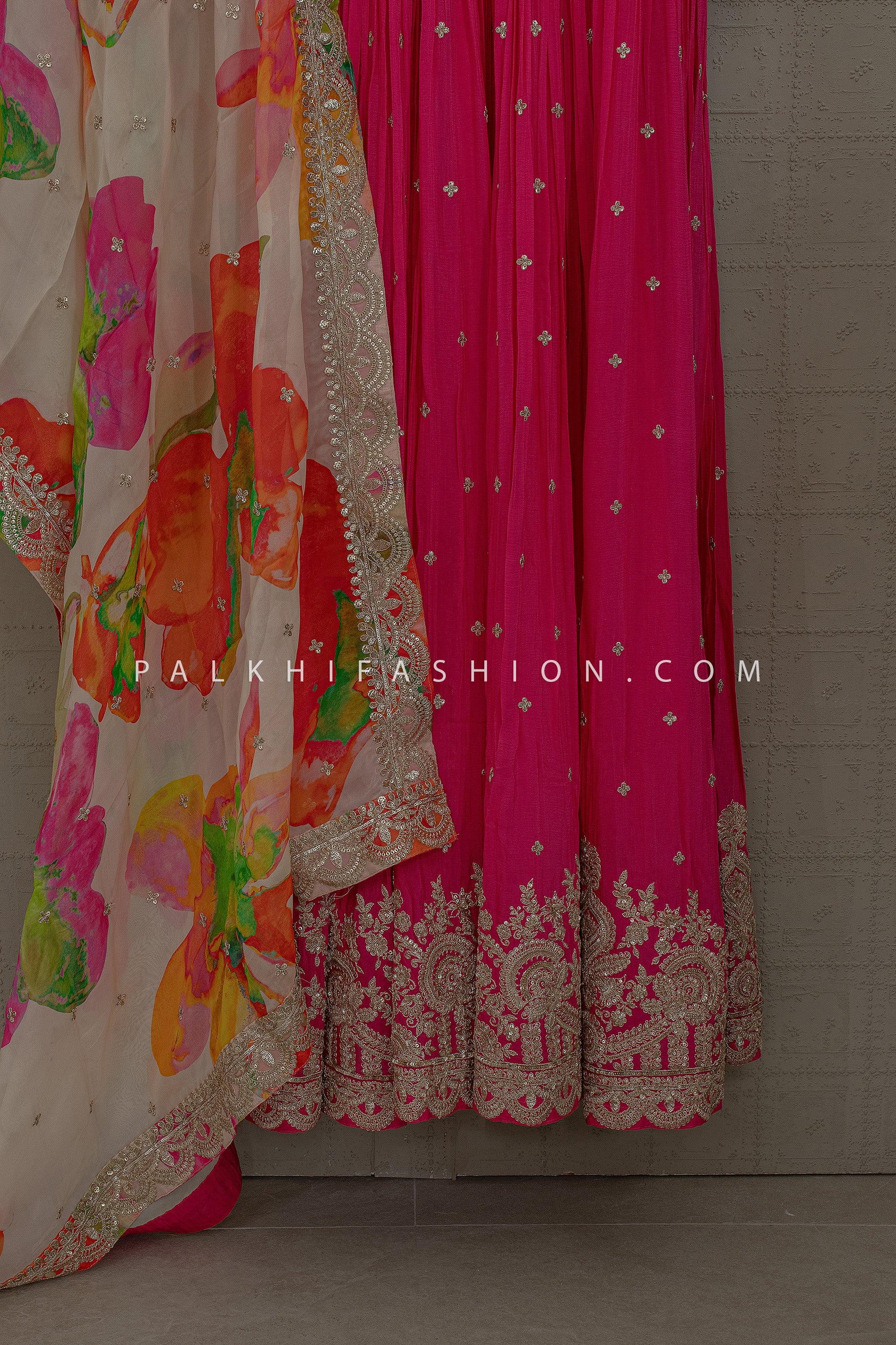 Floral Festive Glow – Rani Pink Pure Georgette Handwork Anarkali Set – Palkhi Fashion