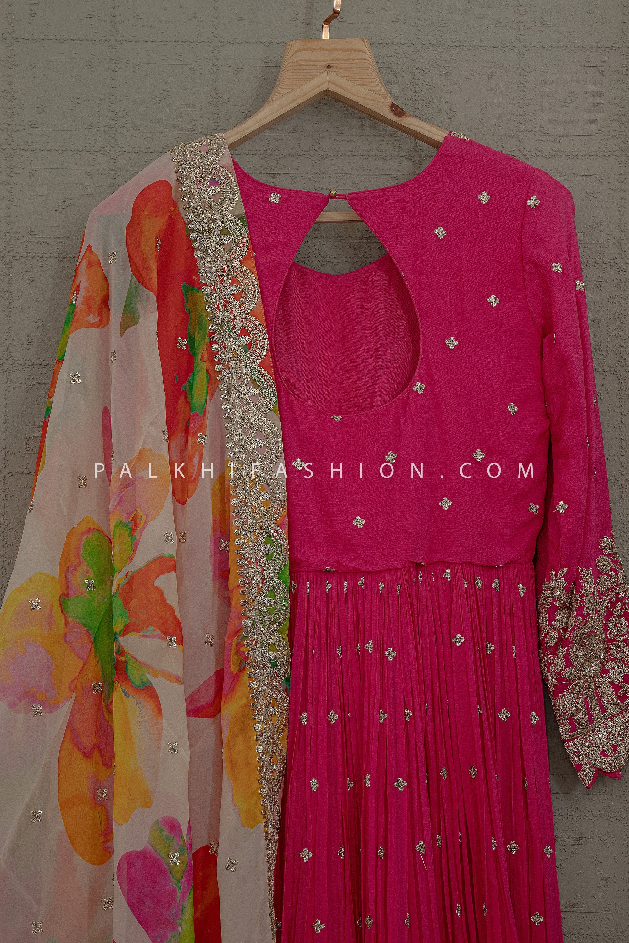 Floral Festive Glow – Rani Pink Pure Georgette Handwork Anarkali Set – Palkhi Fashion