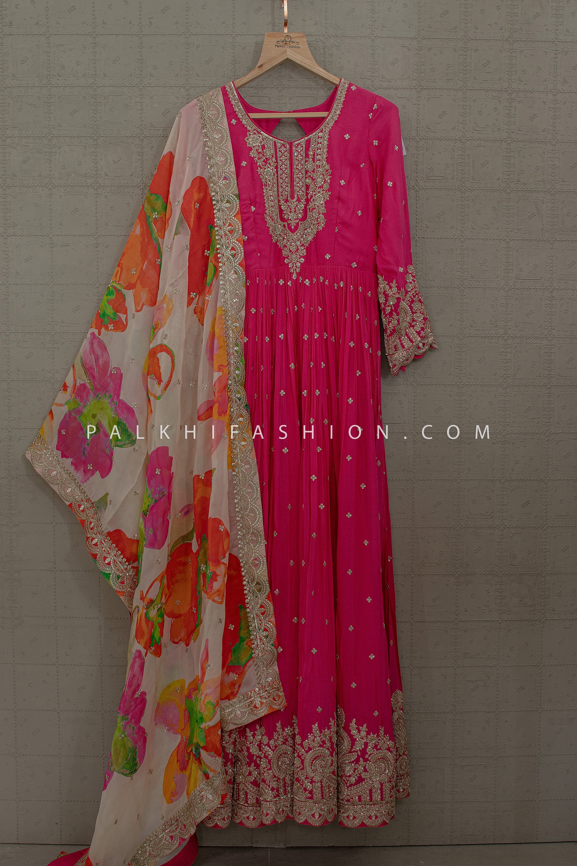 Floral Festive Glow – Rani Pink Pure Georgette Handwork Anarkali Set – Palkhi Fashion