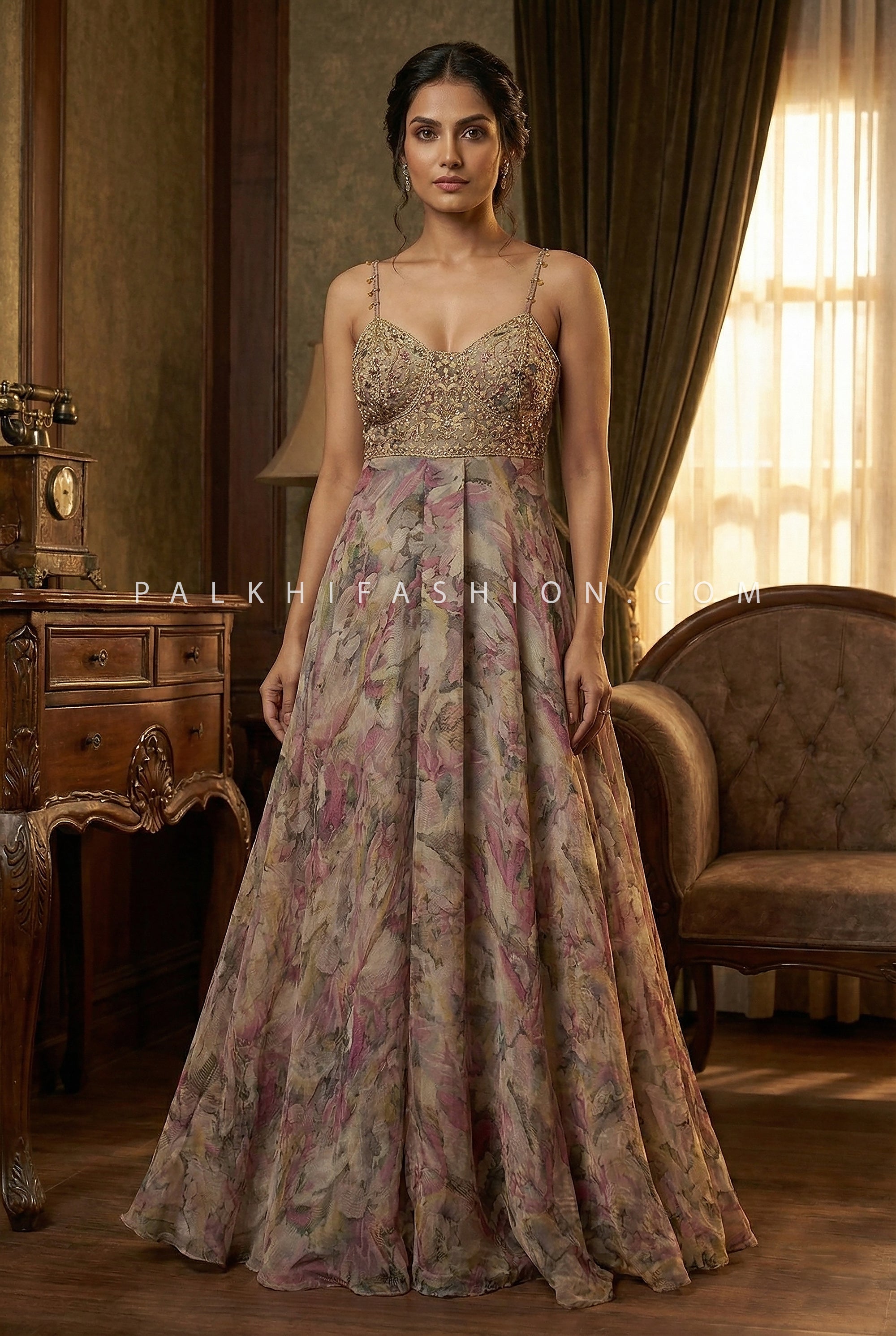 Floral Print Gown Set with Embroidered Bralette, Jacket & Dupatta | Palkhi Fashion Houston