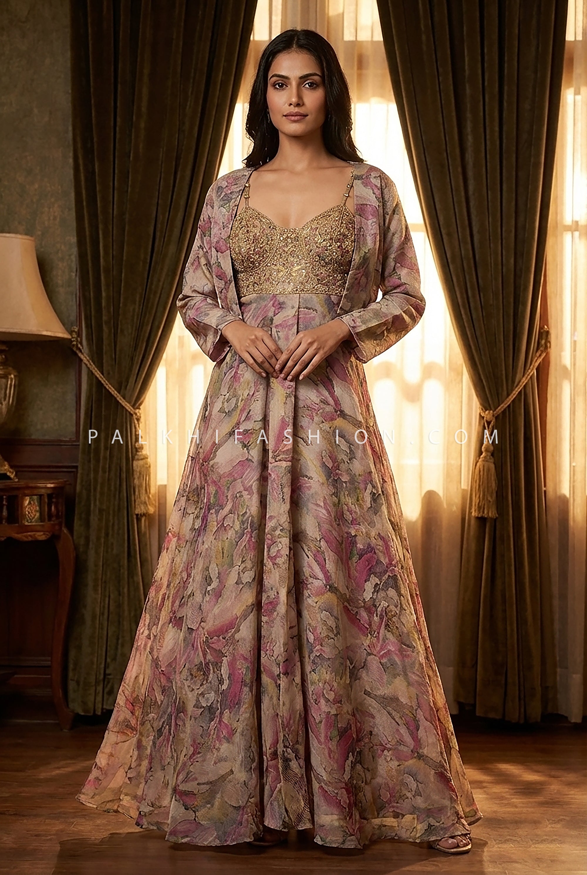 Floral Print Gown Set with Embroidered Bralette, Jacket & Dupatta | Palkhi Fashion Houston