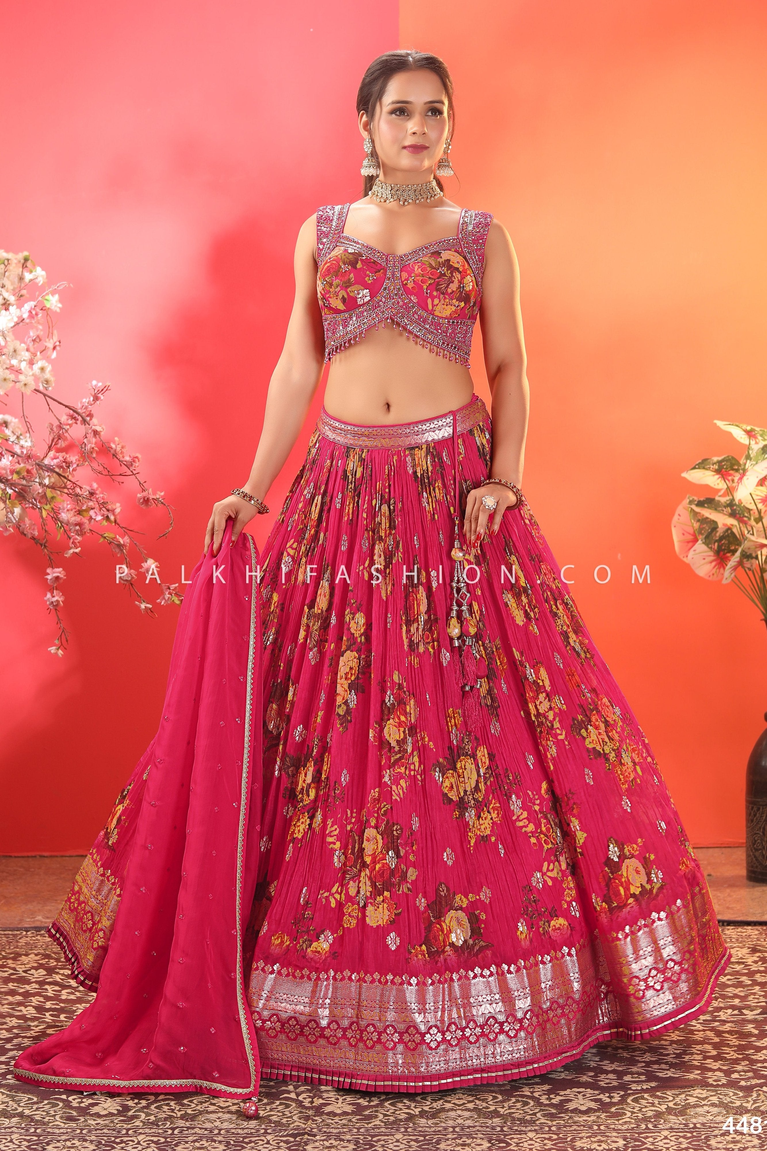 Floral Radiance: Rani Pink Pure Silk Lehenga with Floral Weaving – Palkhi Fashion