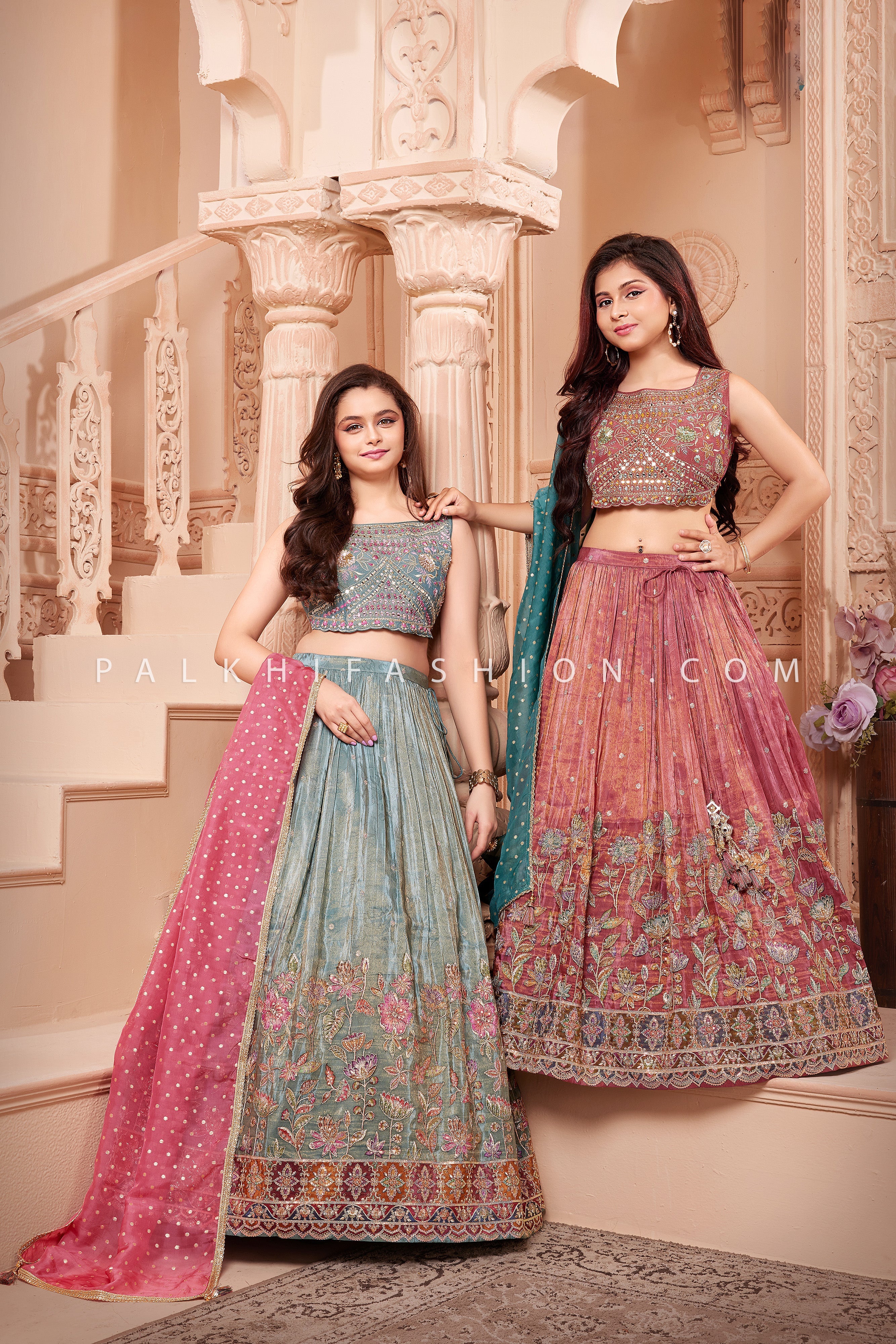 🌸 Floral Serenade: Designer Mauve Lehenga Choli for Girls with Floral Embroidery – Palkhi USA