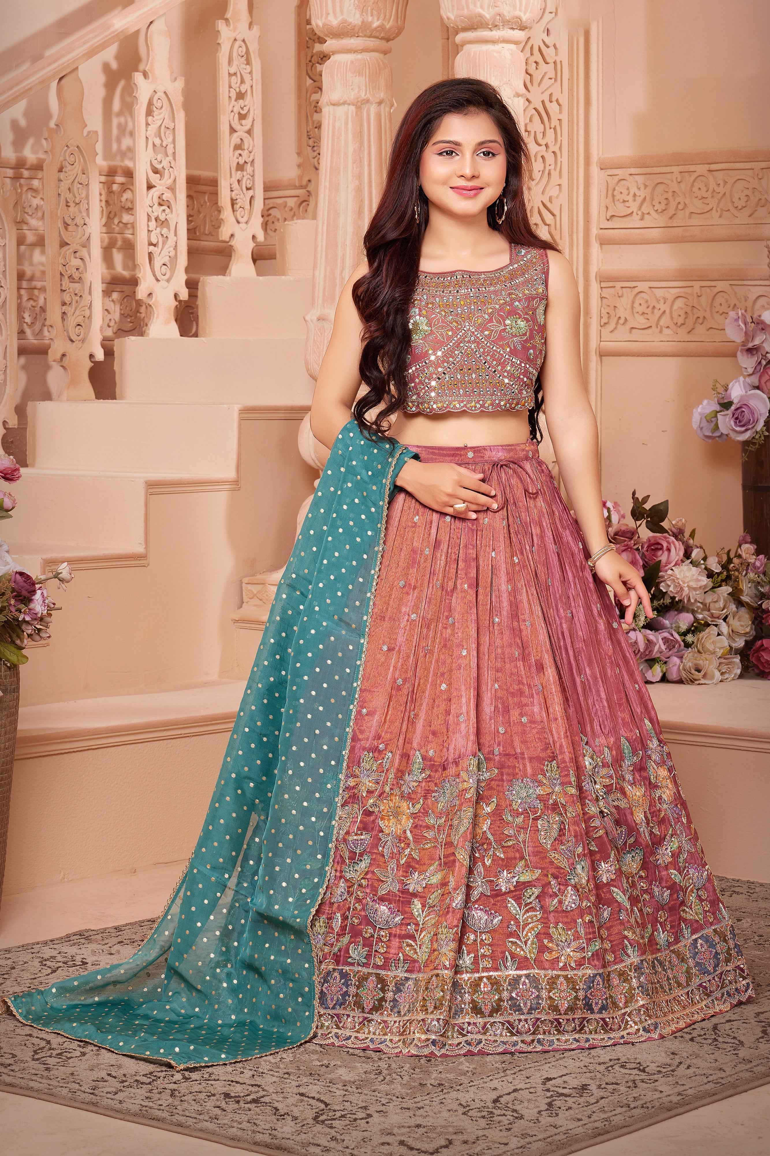 Mauve Silk Girls Lehenga Choli with Teal Dupatta – Palkhi Fashion USA