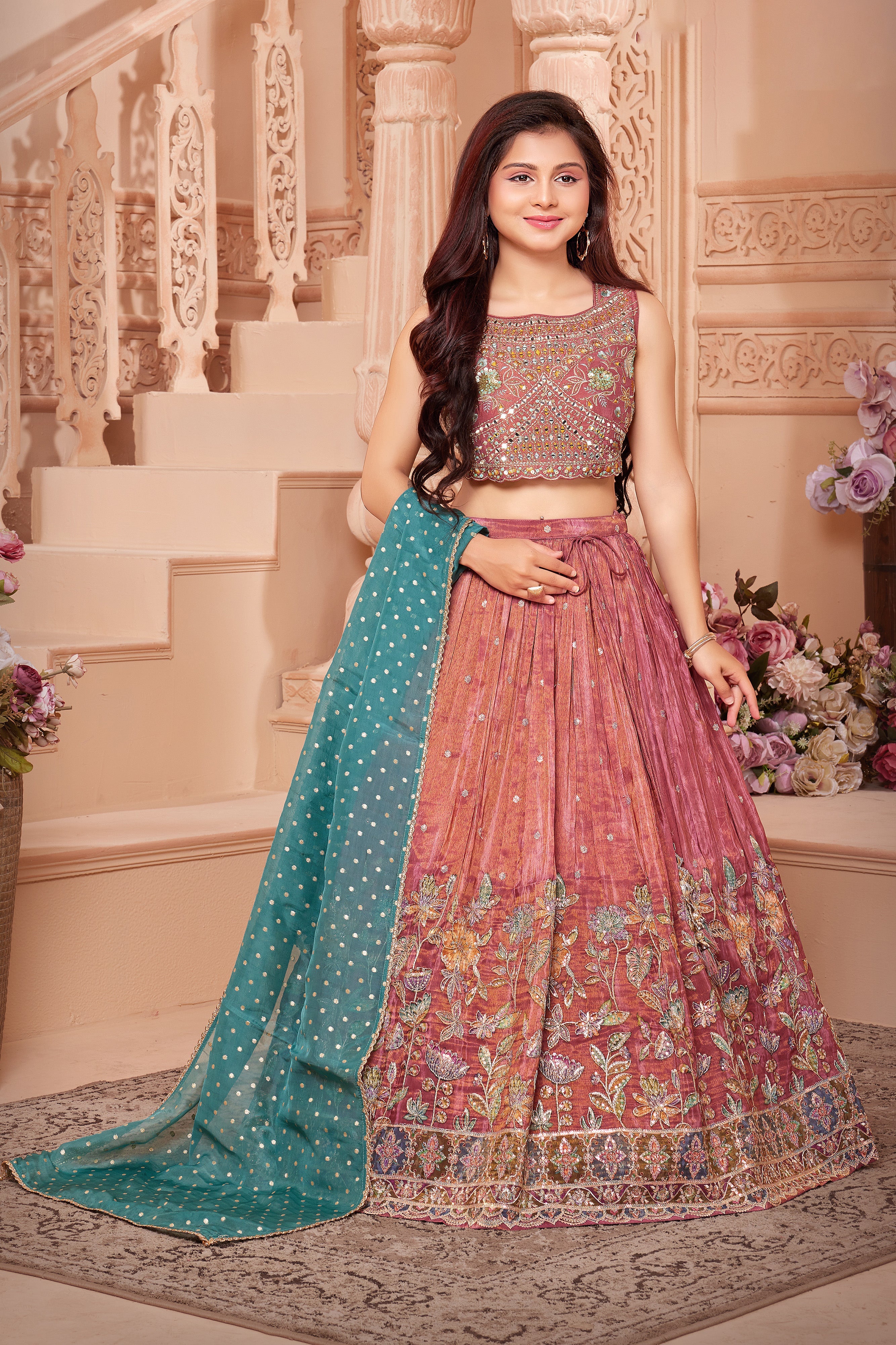 🌸 Floral Serenade: Designer Mauve Lehenga Choli for Girls with Floral Embroidery – Palkhi USA
