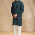Forest Poise: Teal Men’s Kurta Pajama with Tonal Floral Embroidery – Palkhi Fashion