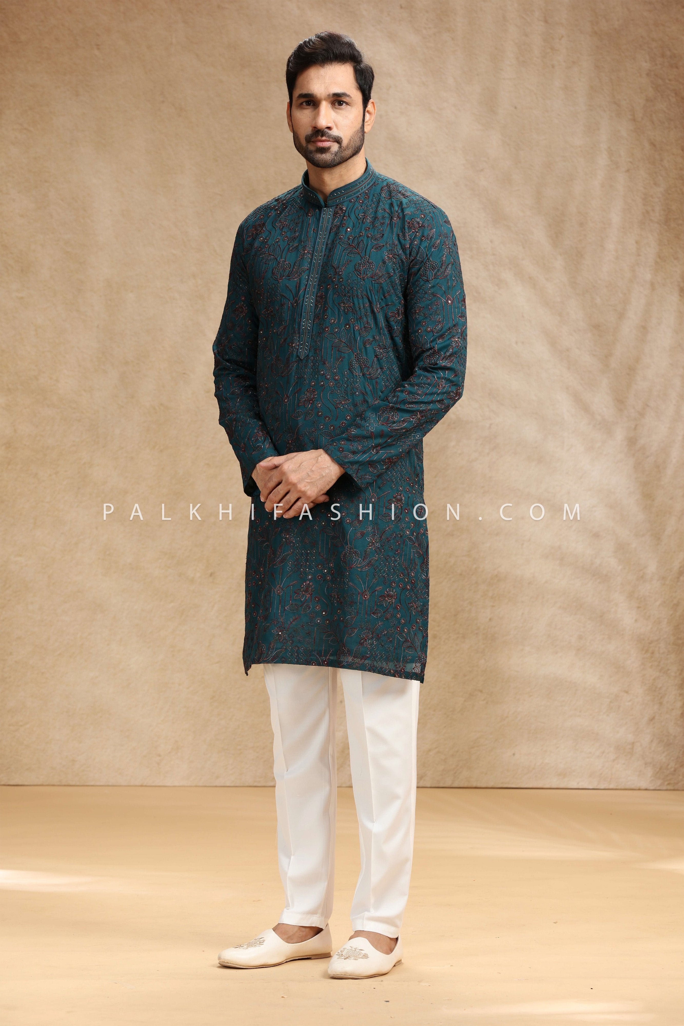 Forest Poise: Teal Men’s Kurta Pajama with Tonal Floral Embroidery – Palkhi Fashion
