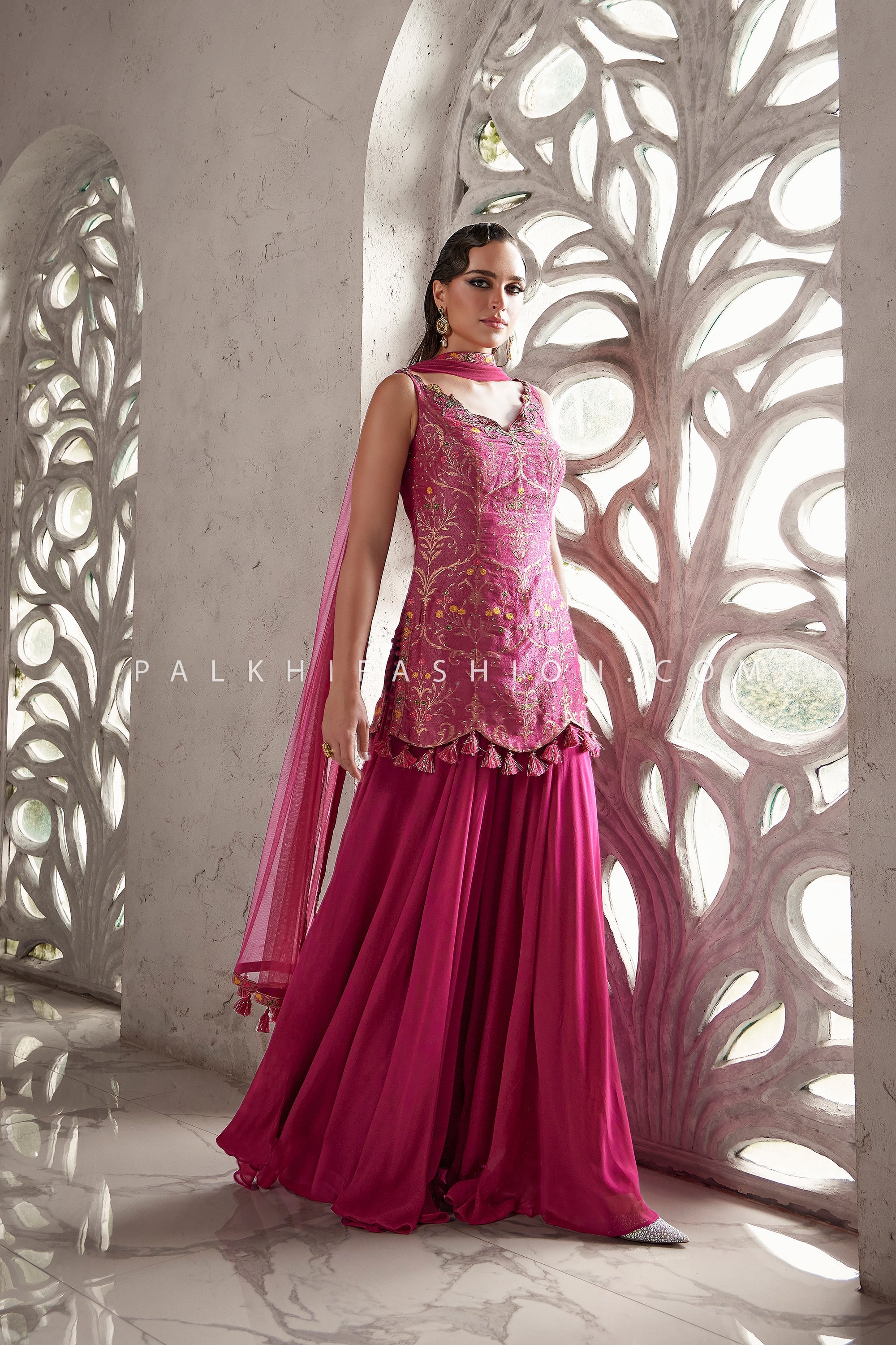 Fuchsia Festive Elegance – Rani Pink Palazzo Set with Silk Embroidery | Palkhi Fashion