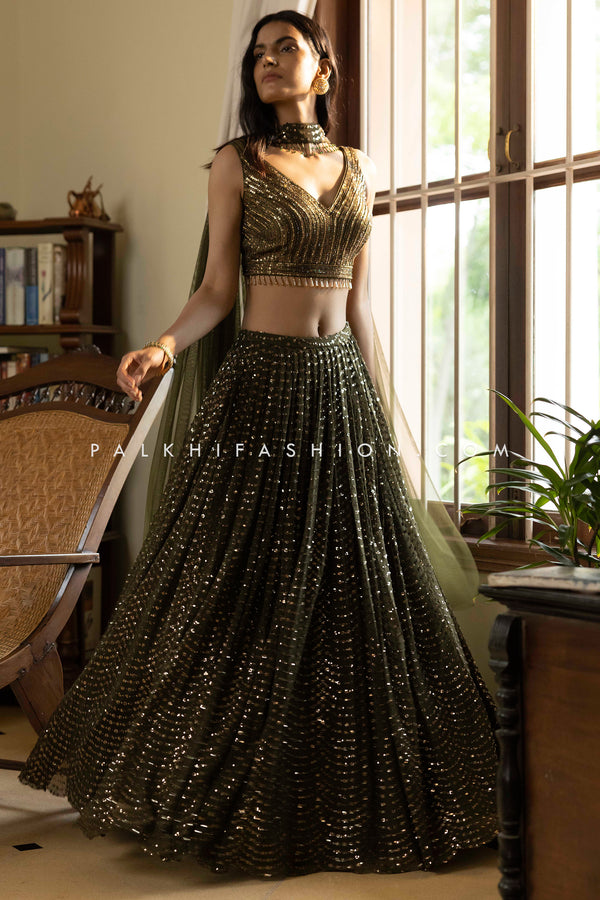 Deep Mehendi Green Lehenga Choli - Embellished Elegance by Palkhi Fashion