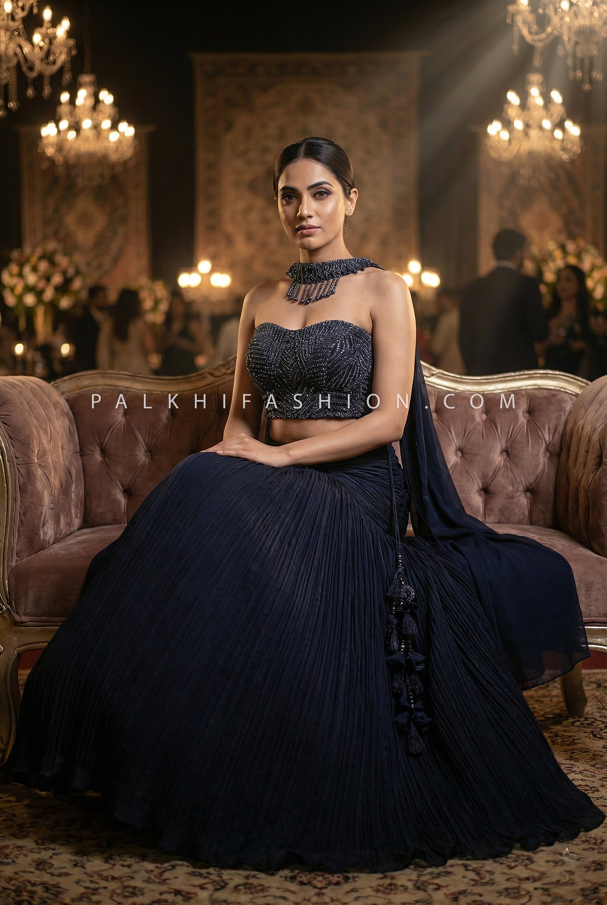 Glamorous Midnight Blue Mermaid Indo - Western Lehenga with Beaded Corset & Choker | Palkhi Fashion