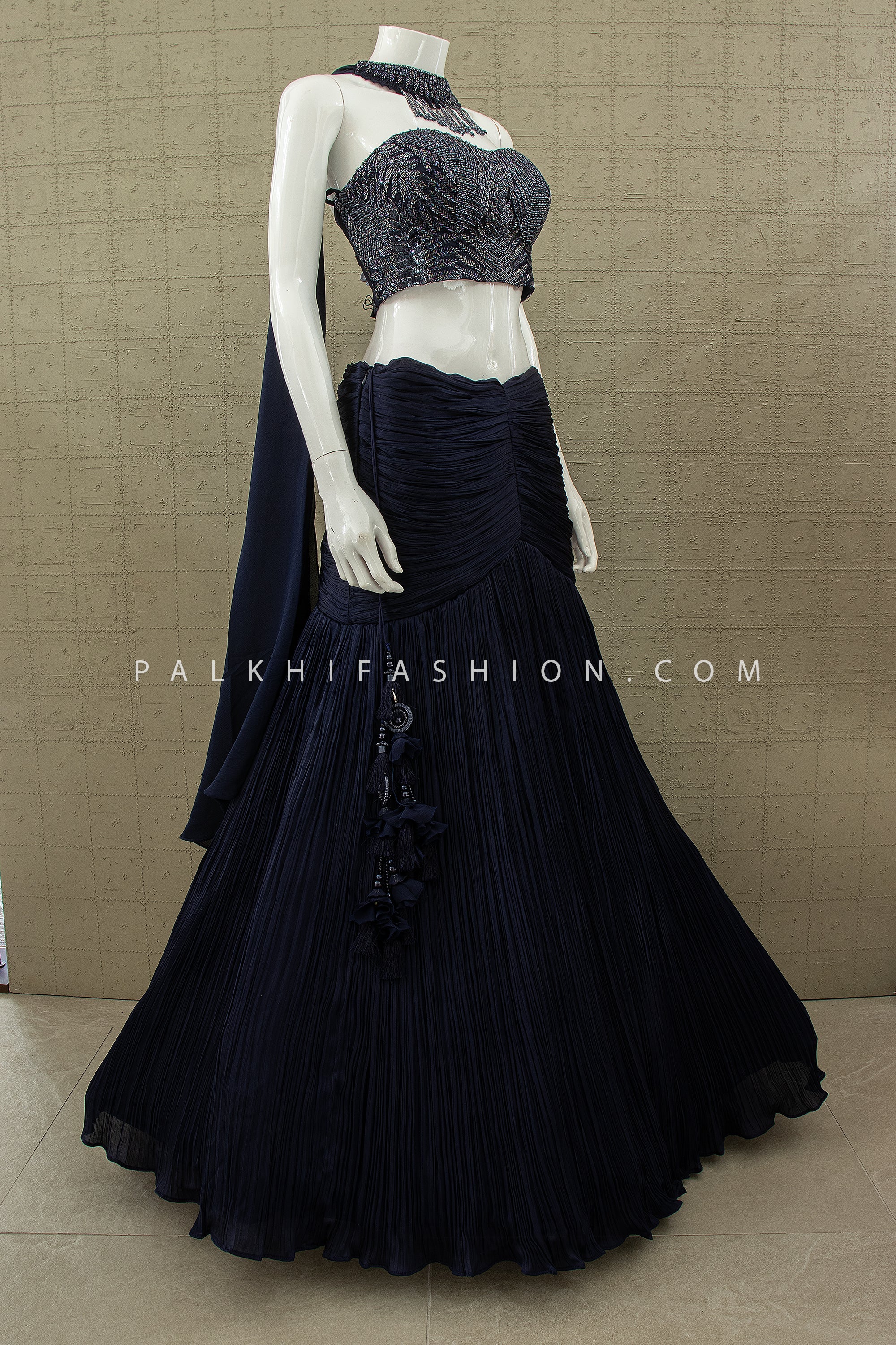 Glamorous Midnight Blue Mermaid Indo - Western Lehenga with Beaded Corset & Choker | Palkhi Fashion