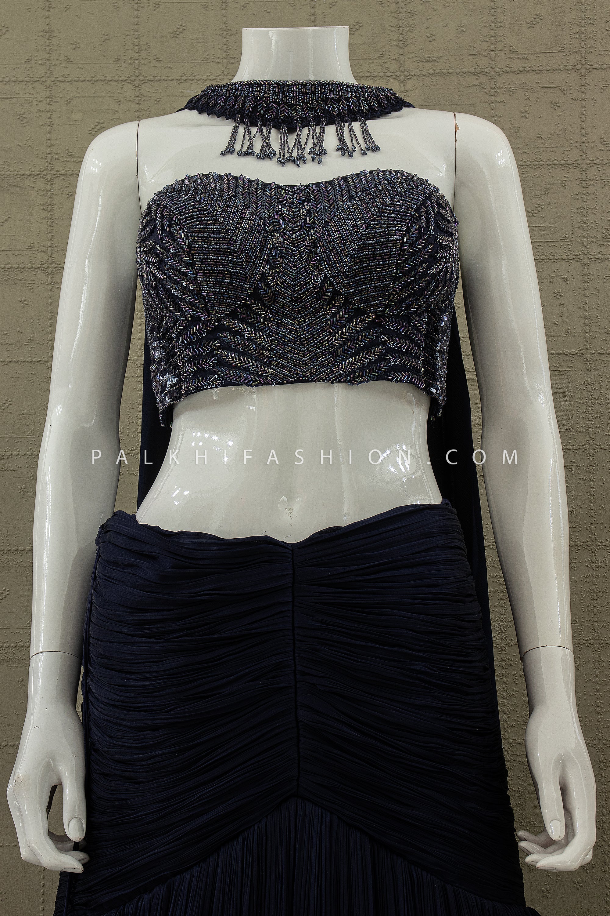 Glamorous Midnight Blue Mermaid Indo - Western Lehenga with Beaded Corset & Choker | Palkhi Fashion