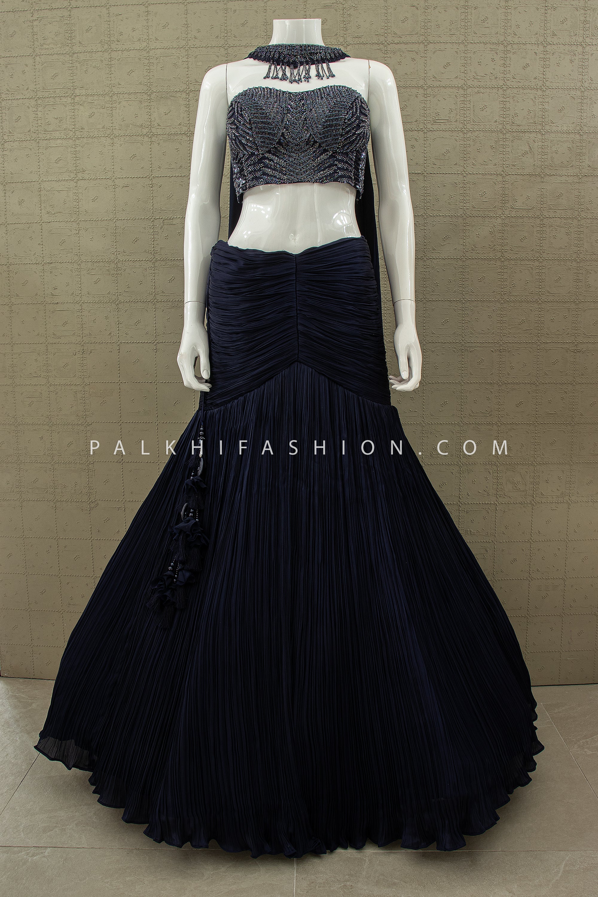 Glamorous Midnight Blue Mermaid Indo - Western Lehenga with Beaded Corset & Choker | Palkhi Fashion