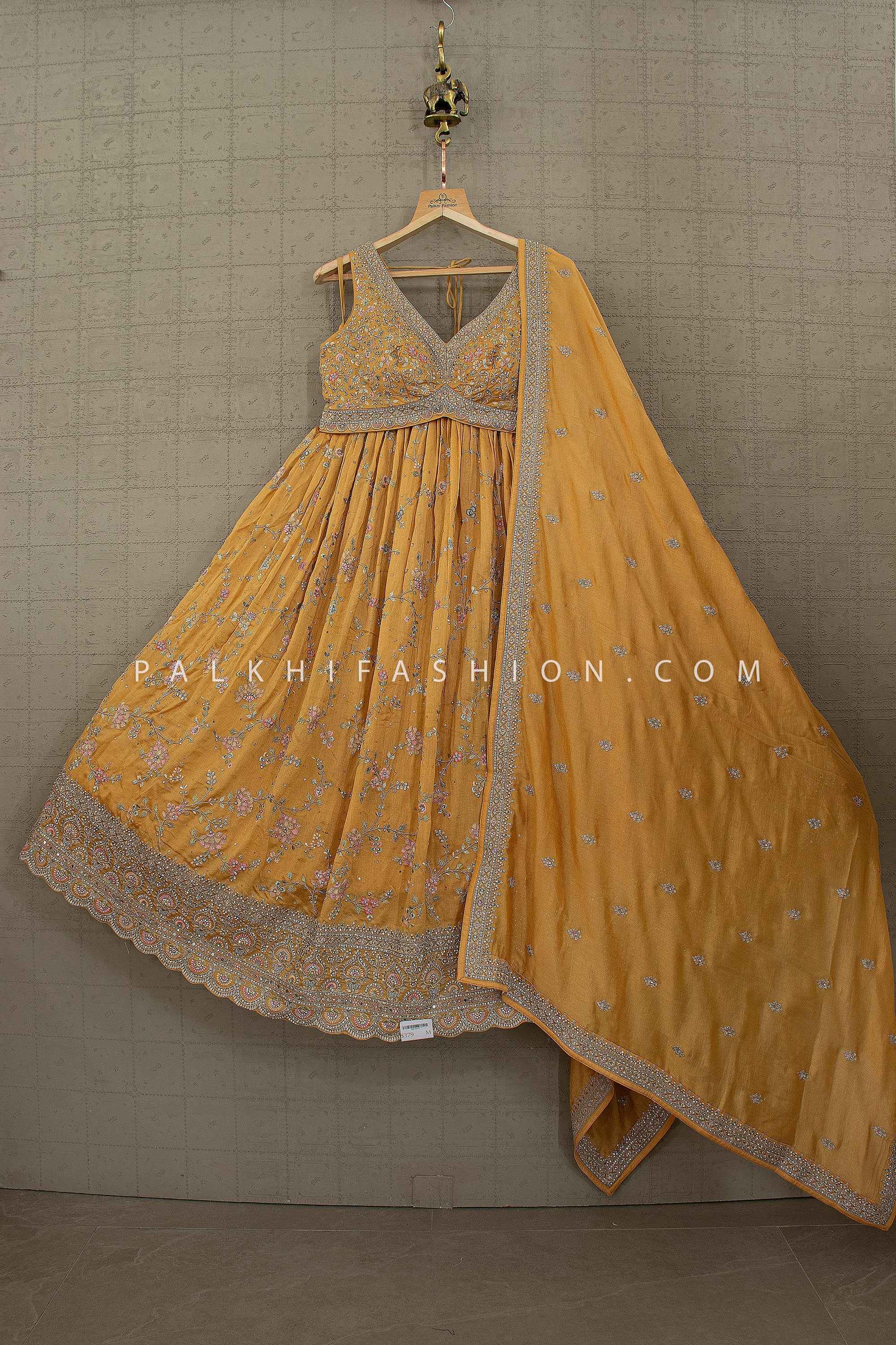 Golden Bloom — Mustard Yellow Floral Embroidered Lehenga Choli | Palkhi Fashion