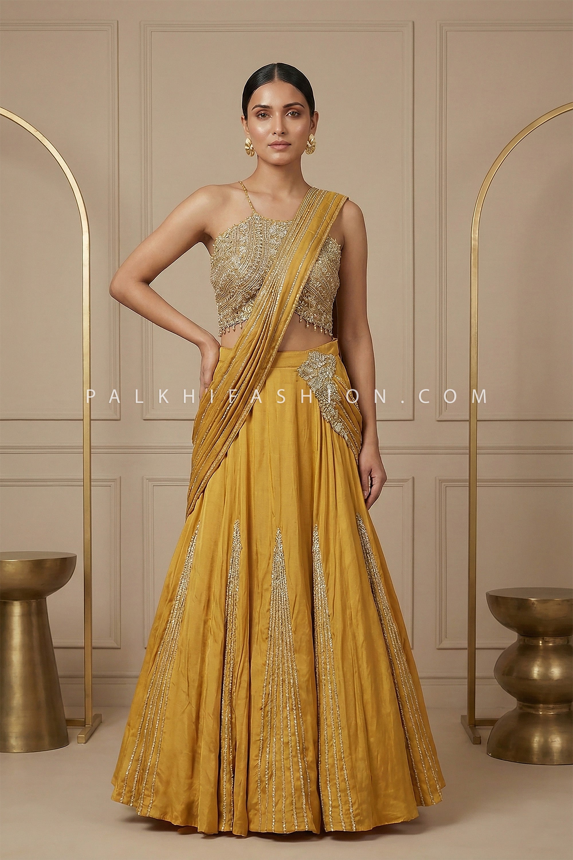 Golden Drape - Mustard Silk Pre - Draped Lehenga Set – Designer Embroidered Lehenga - Palkhi Fashion