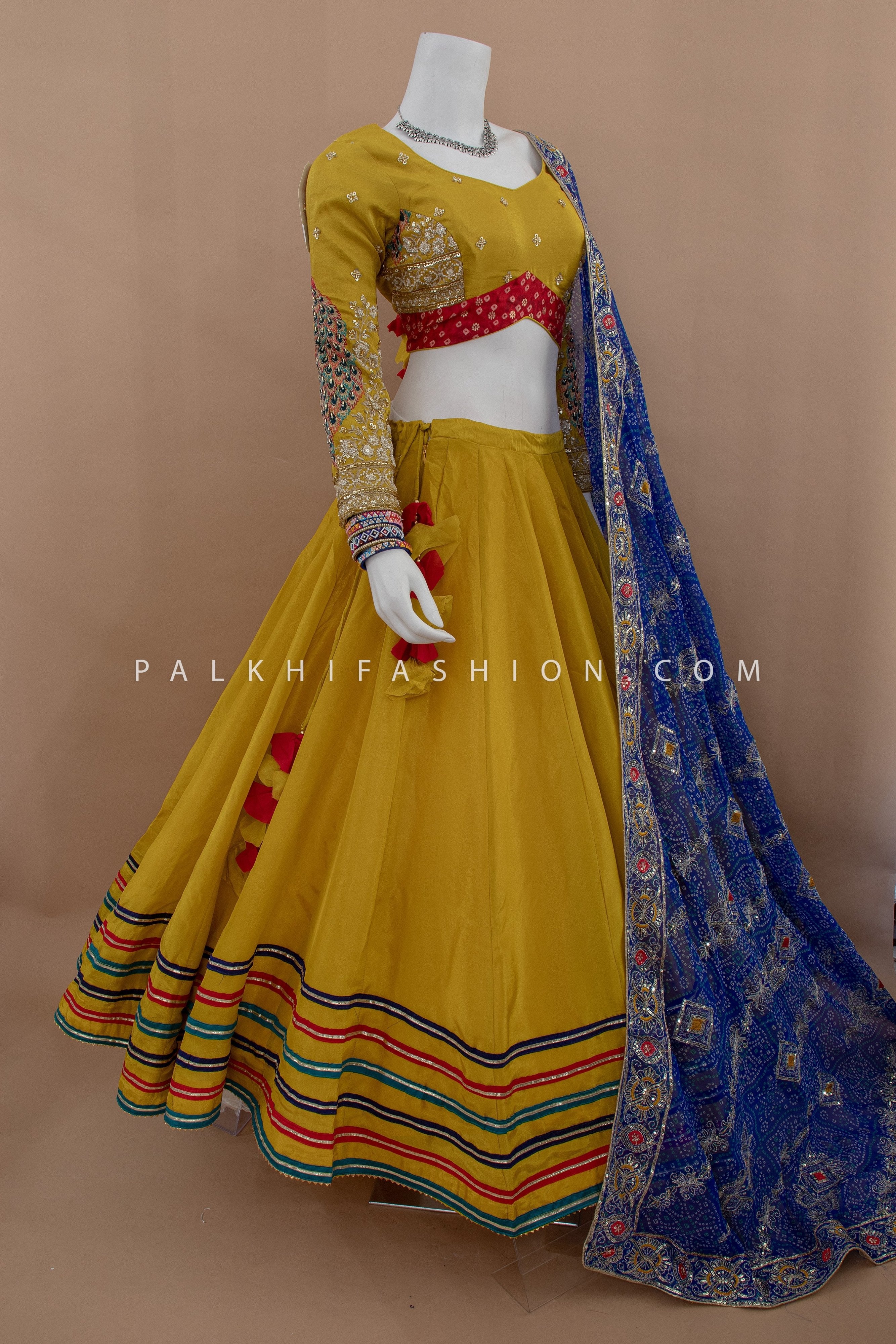 Golden Grace: Light Mustard Soft Silk Chaniya Choli with Peacock Motifs – Palkhi Fashion