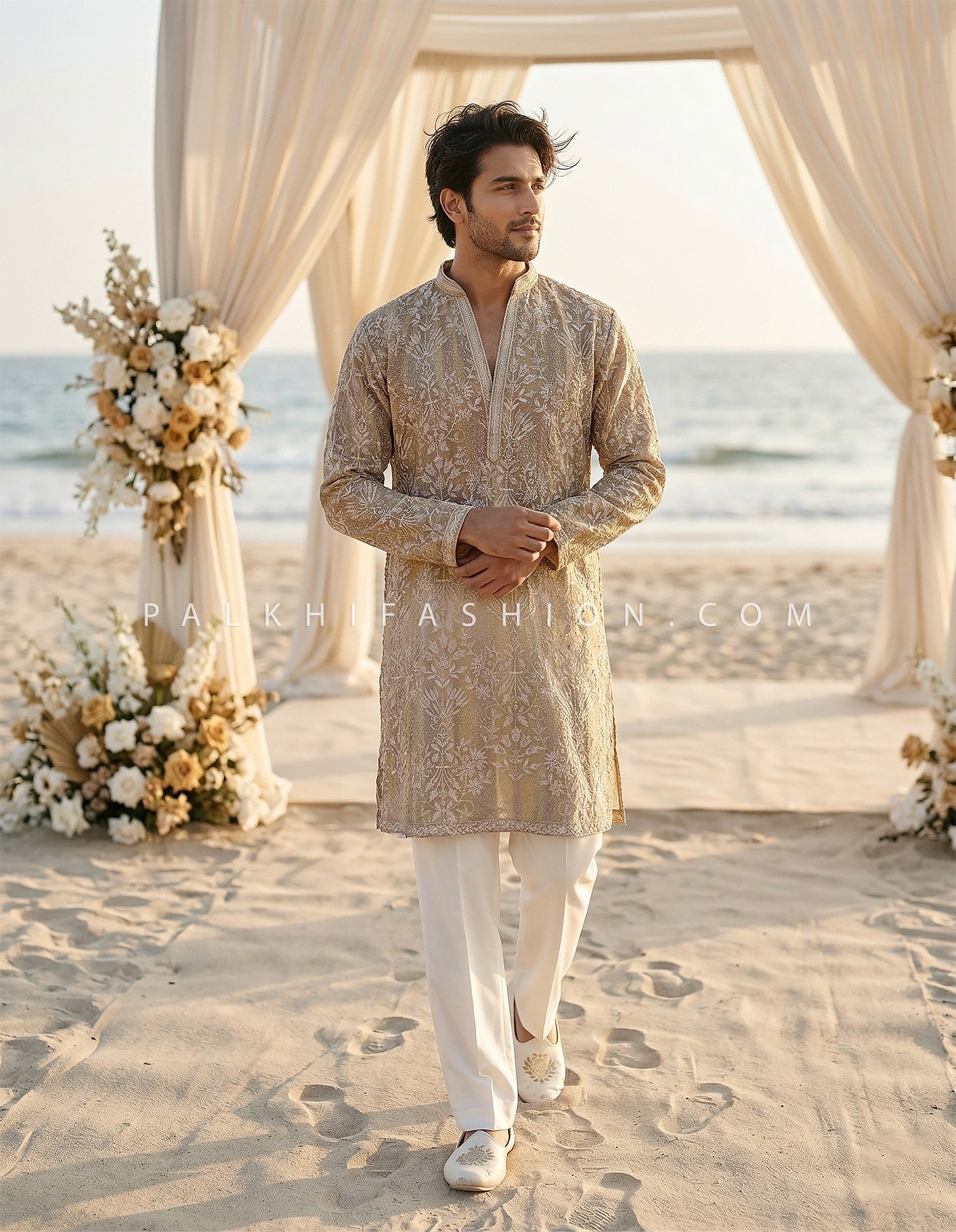 Golden Heritage Luxe – Champagne Beige Embroidered Kurta Set – Palkhi Fashion