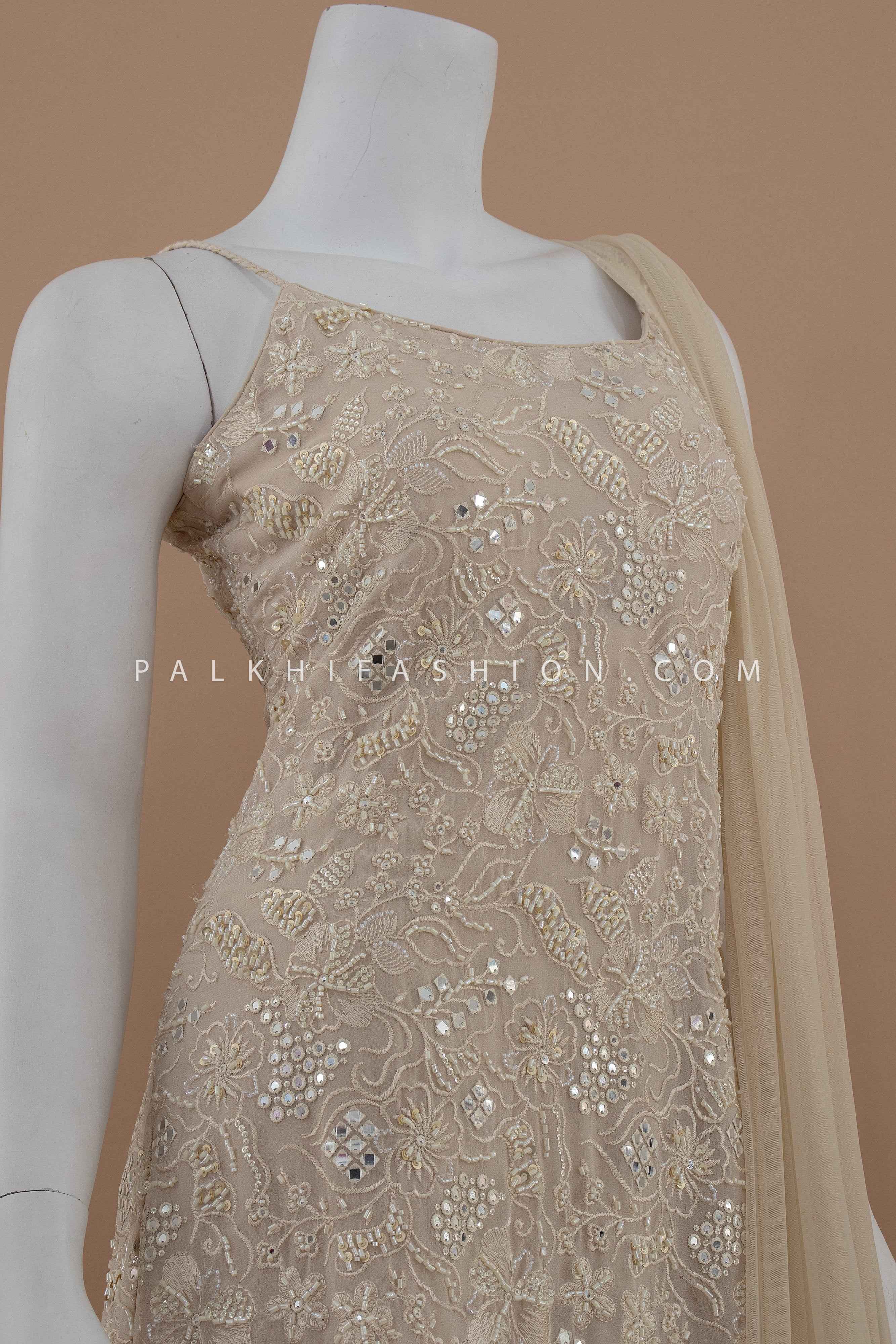 Champagne Palazzo Outfit with Beads Embroidery Palkhi Fashion Champagne Palazzo Outfit with Beads Embroidery Palkhi Fashion