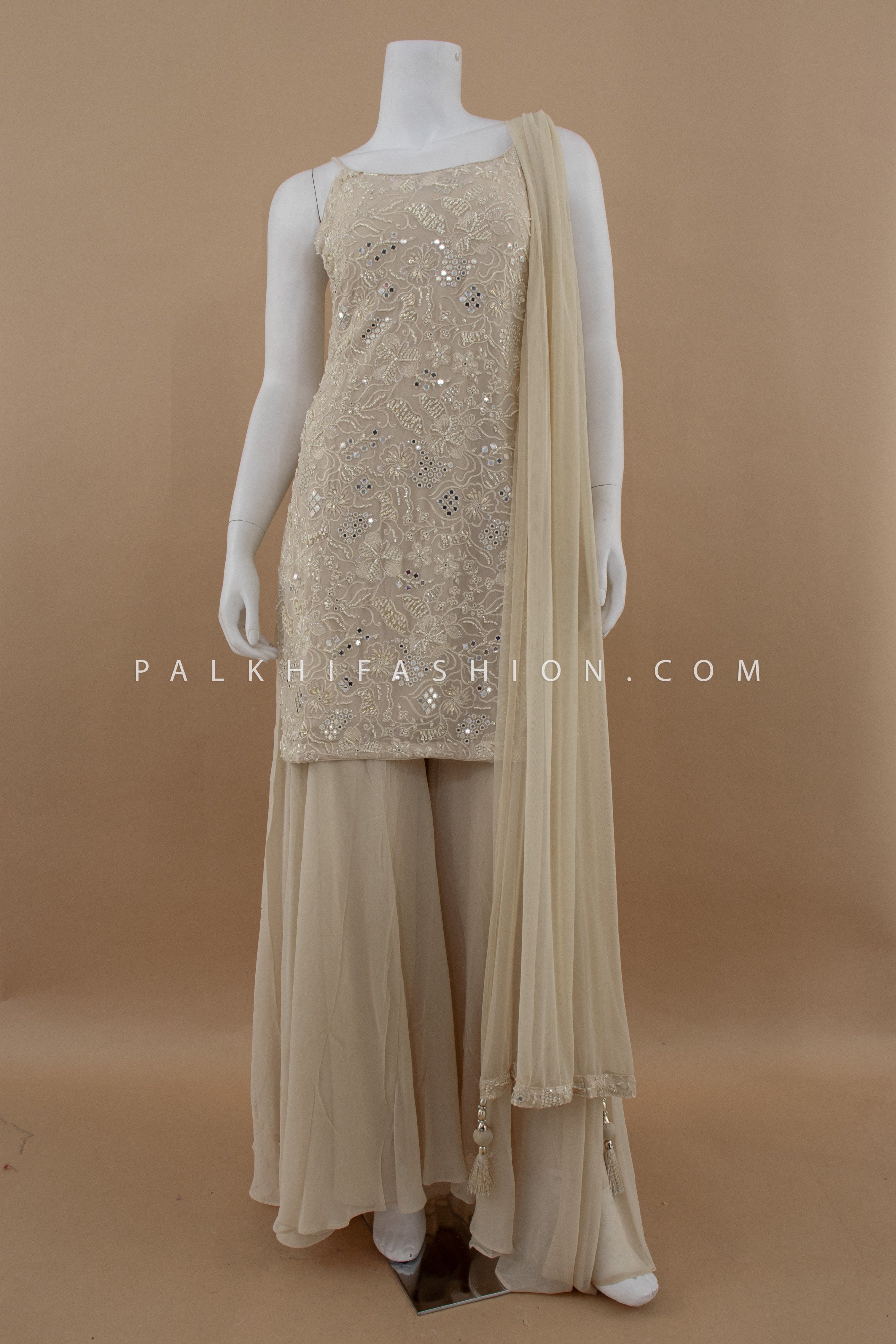 Golden Hour Glam : Champagne Palazzo Outfit with Beads Embroidery – Palkhi Fashion