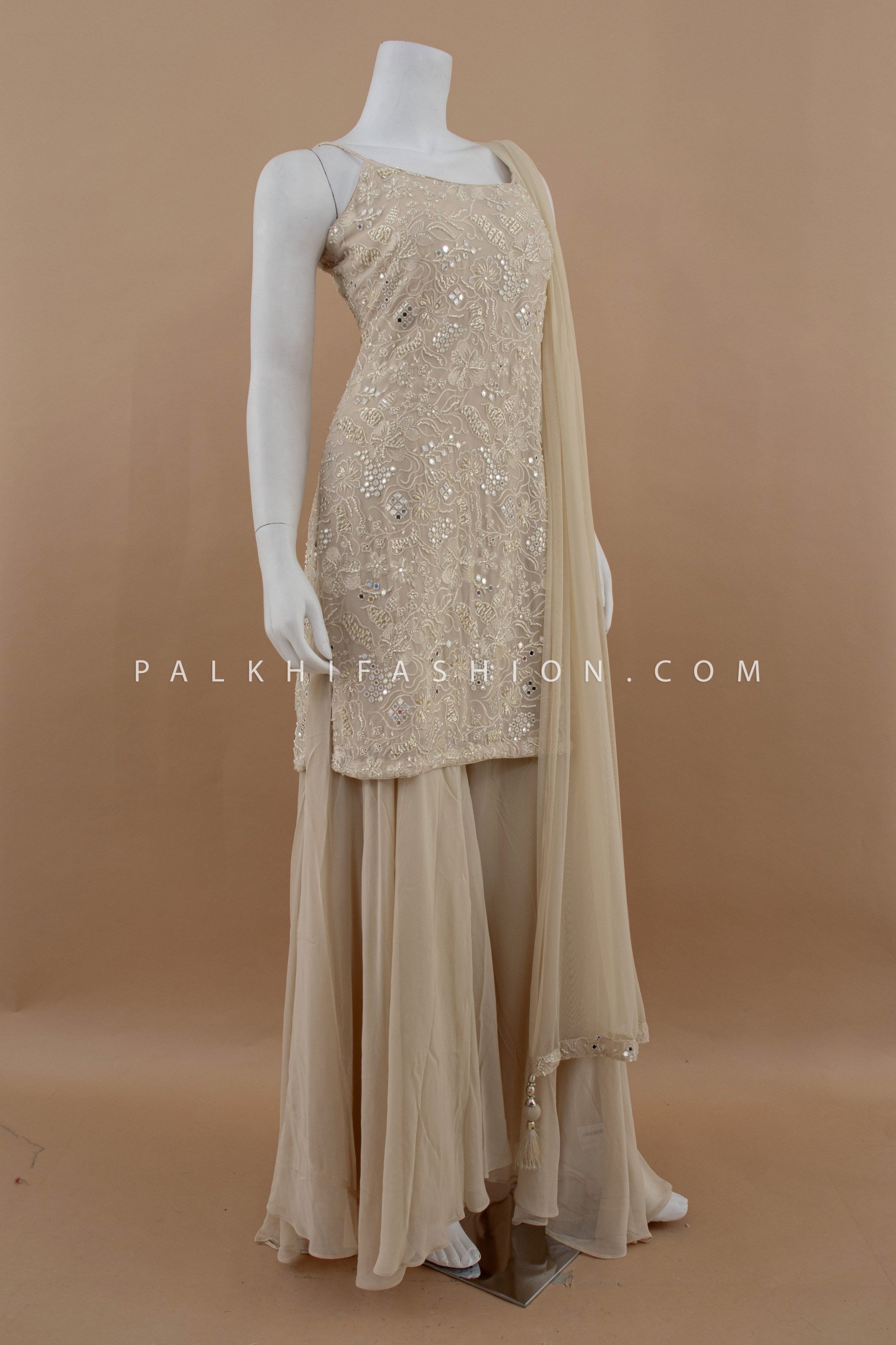 Golden Hour Glam : Champagne Palazzo Outfit with Beads Embroidery – Palkhi Fashion