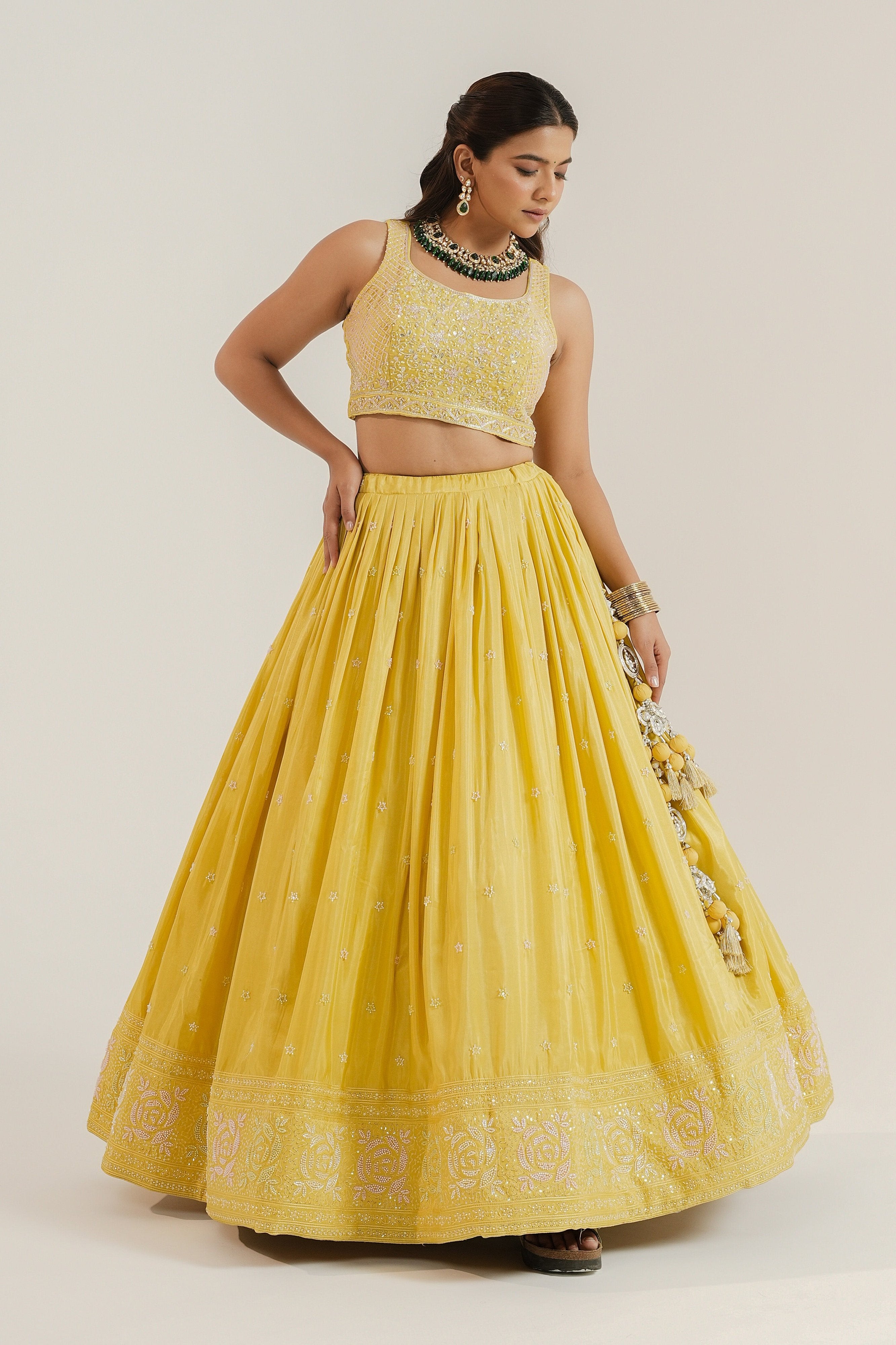 Grace & Grandeur: Yellow Lehenga Choli with Bead & Handwork – Palkhi Fashion