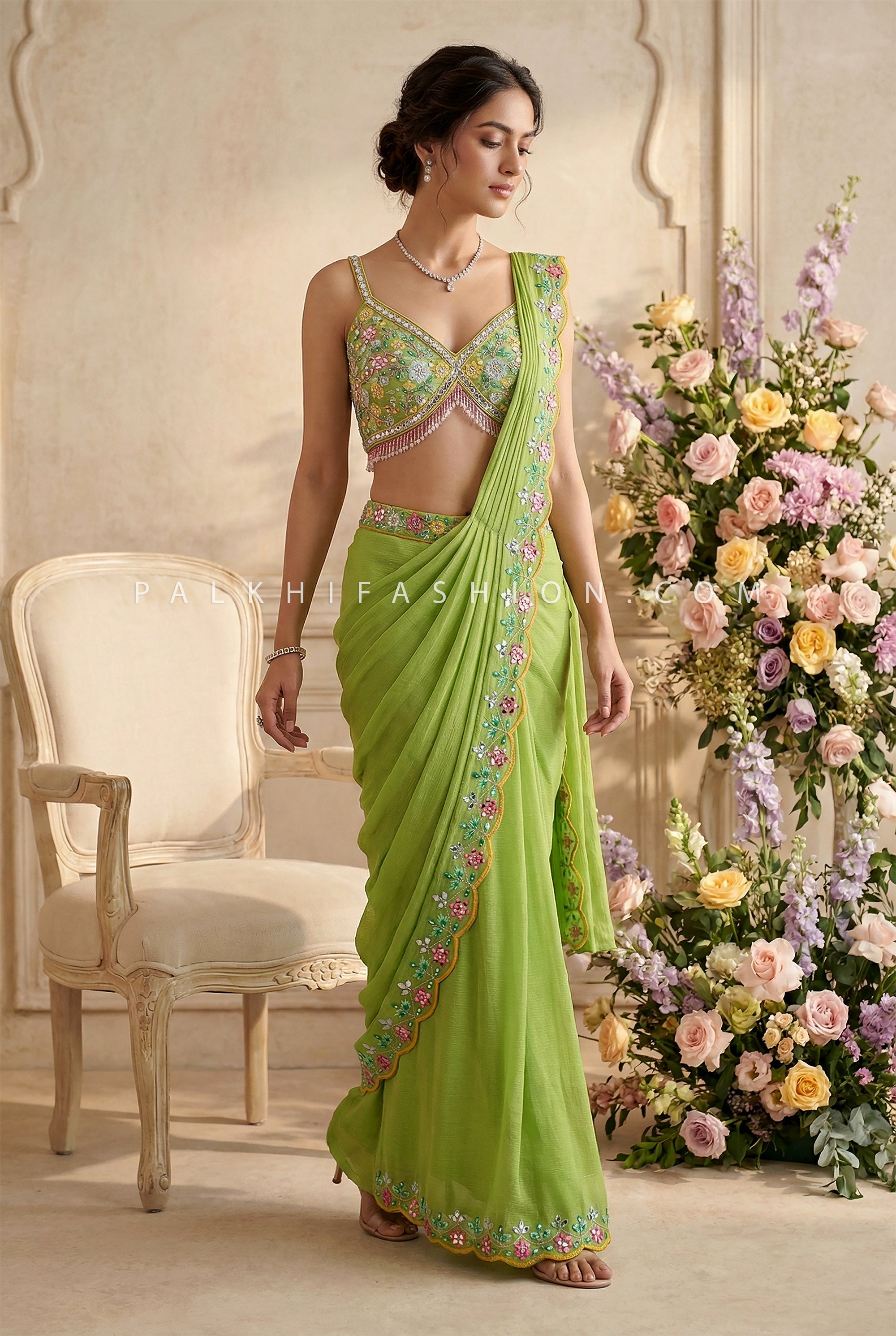 Green Designer Pre Draped Saree with Mirror & Multi Thread Work – Palkhi Fashion Houston