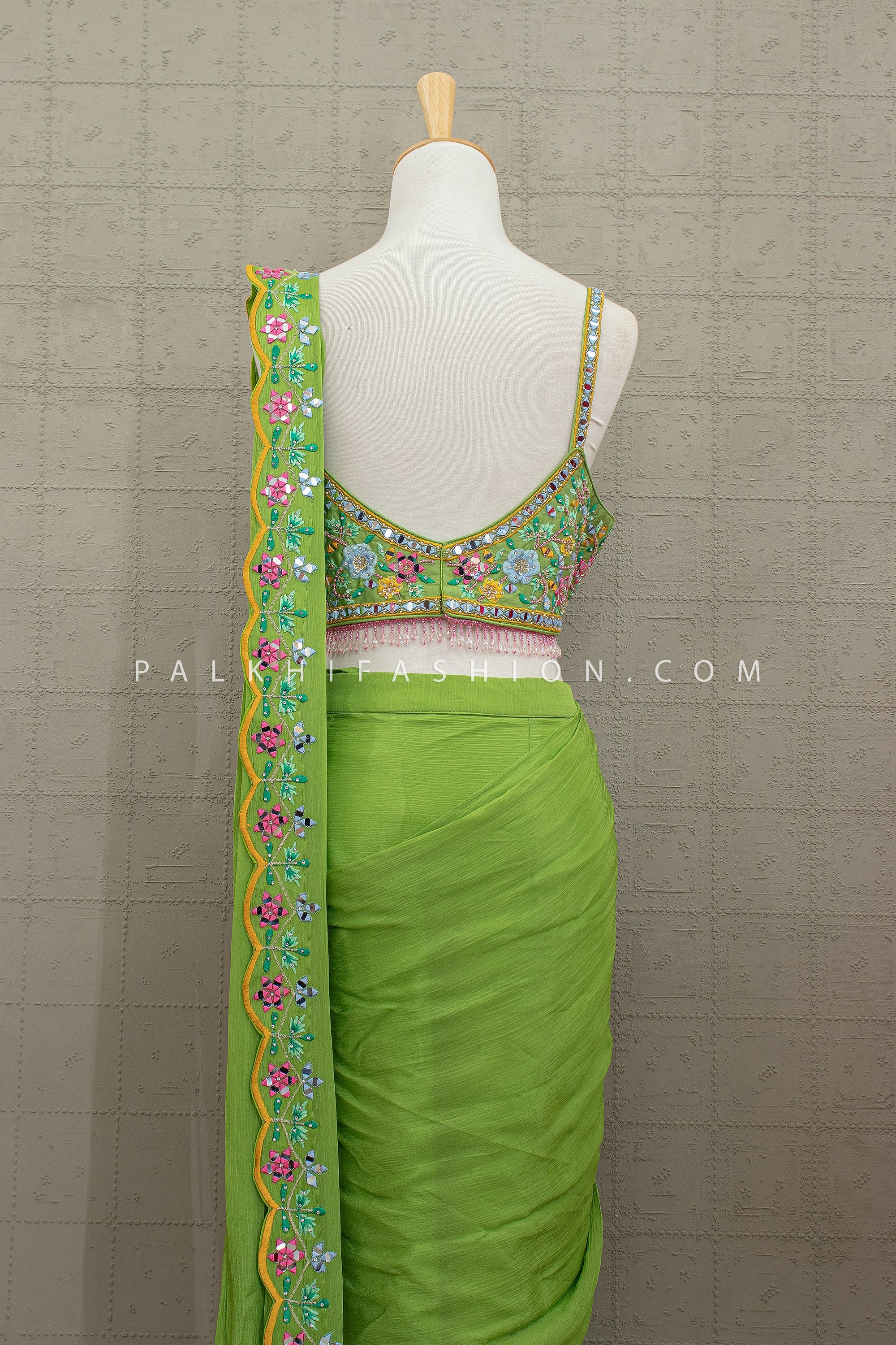 Green Designer Pre Draped Saree with Mirror & Multi Thread Work – Palkhi Fashion Houston