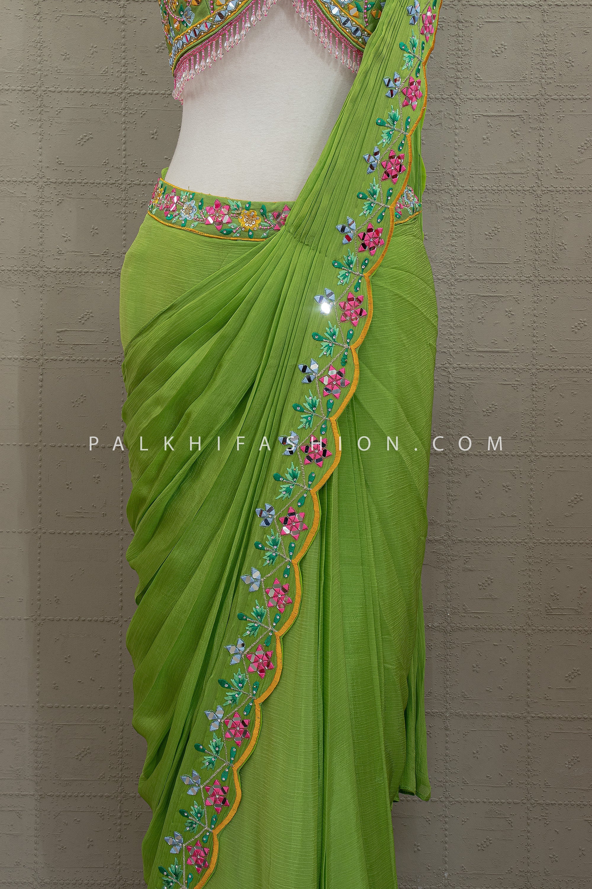 Green Designer Pre Draped Saree with Mirror & Multi Thread Work – Palkhi Fashion Houston